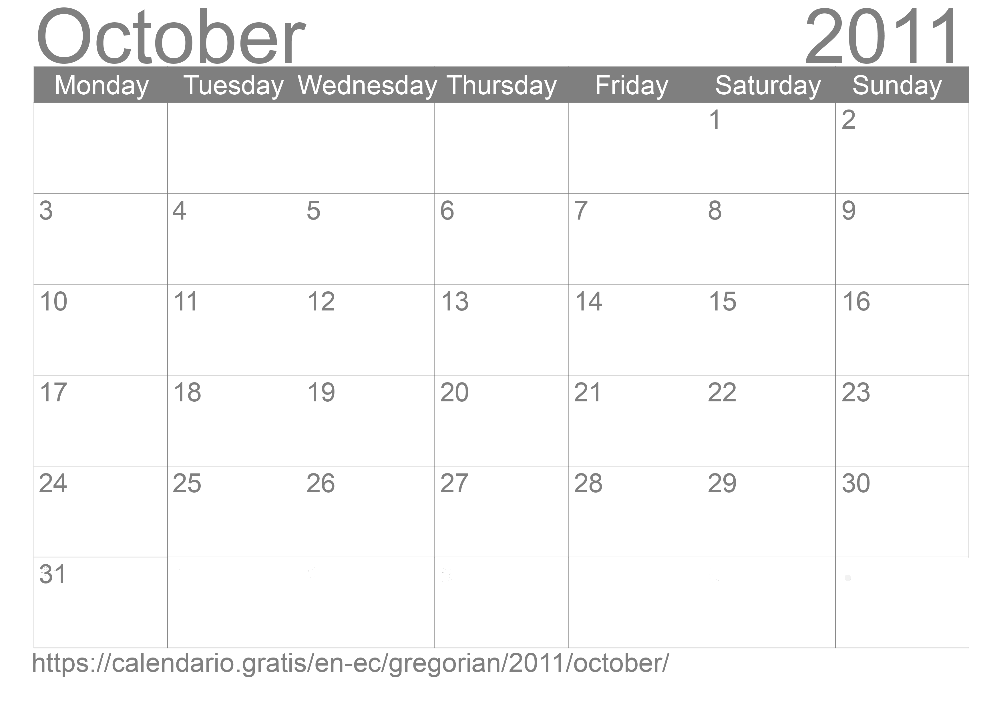 Calendar October 2011 to print
