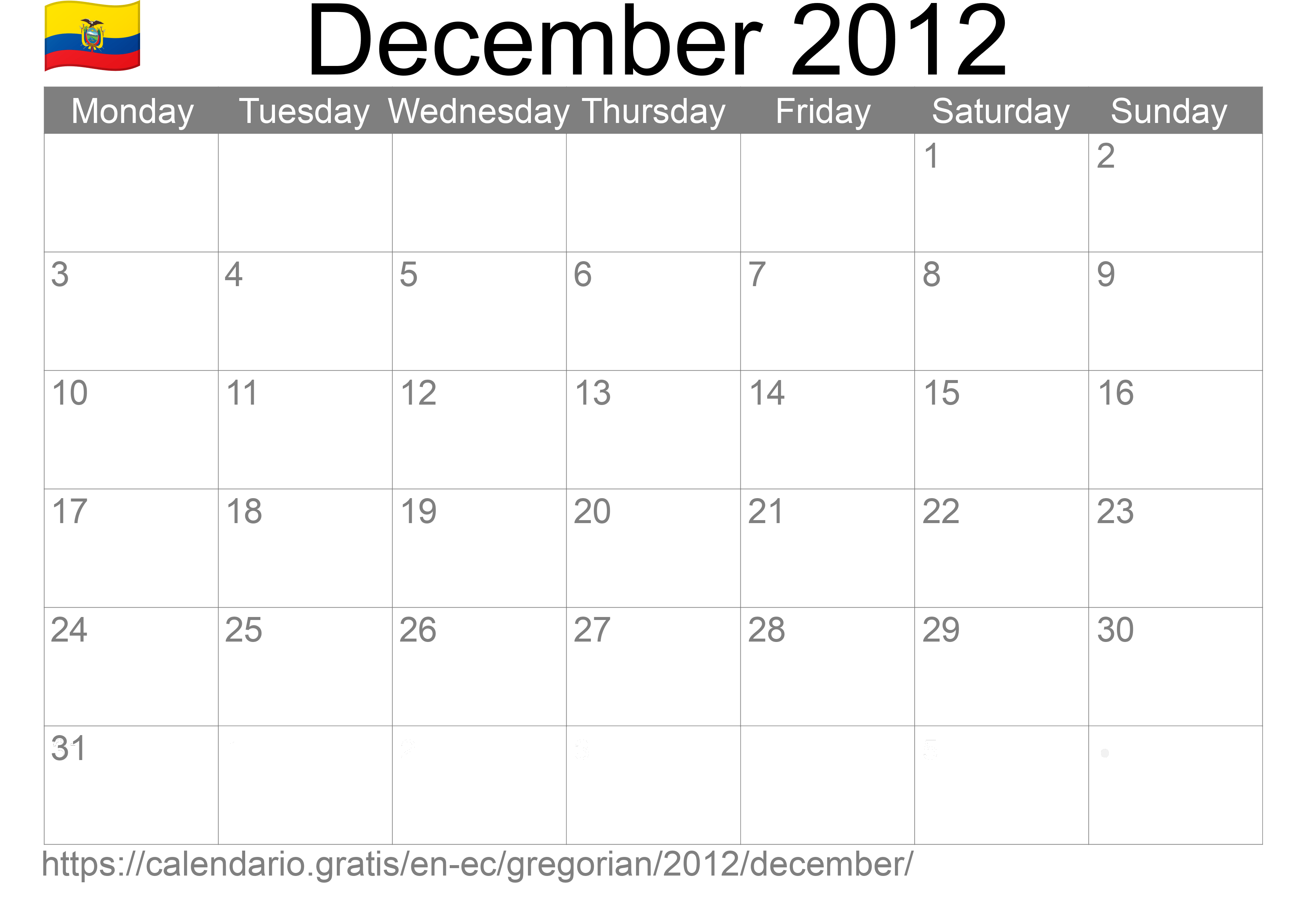 Calendar December 2012 to print