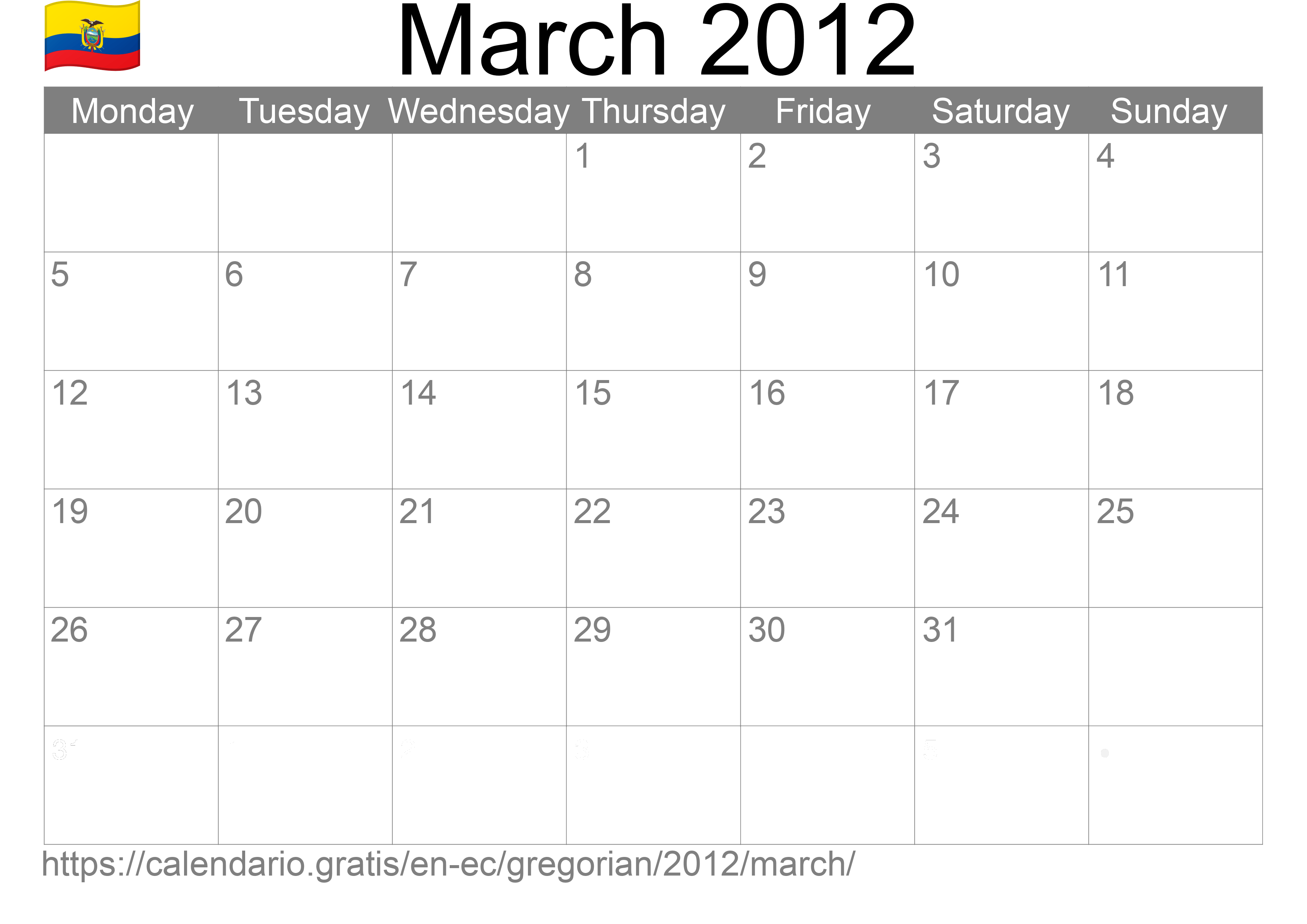 Calendar March 2012 to print