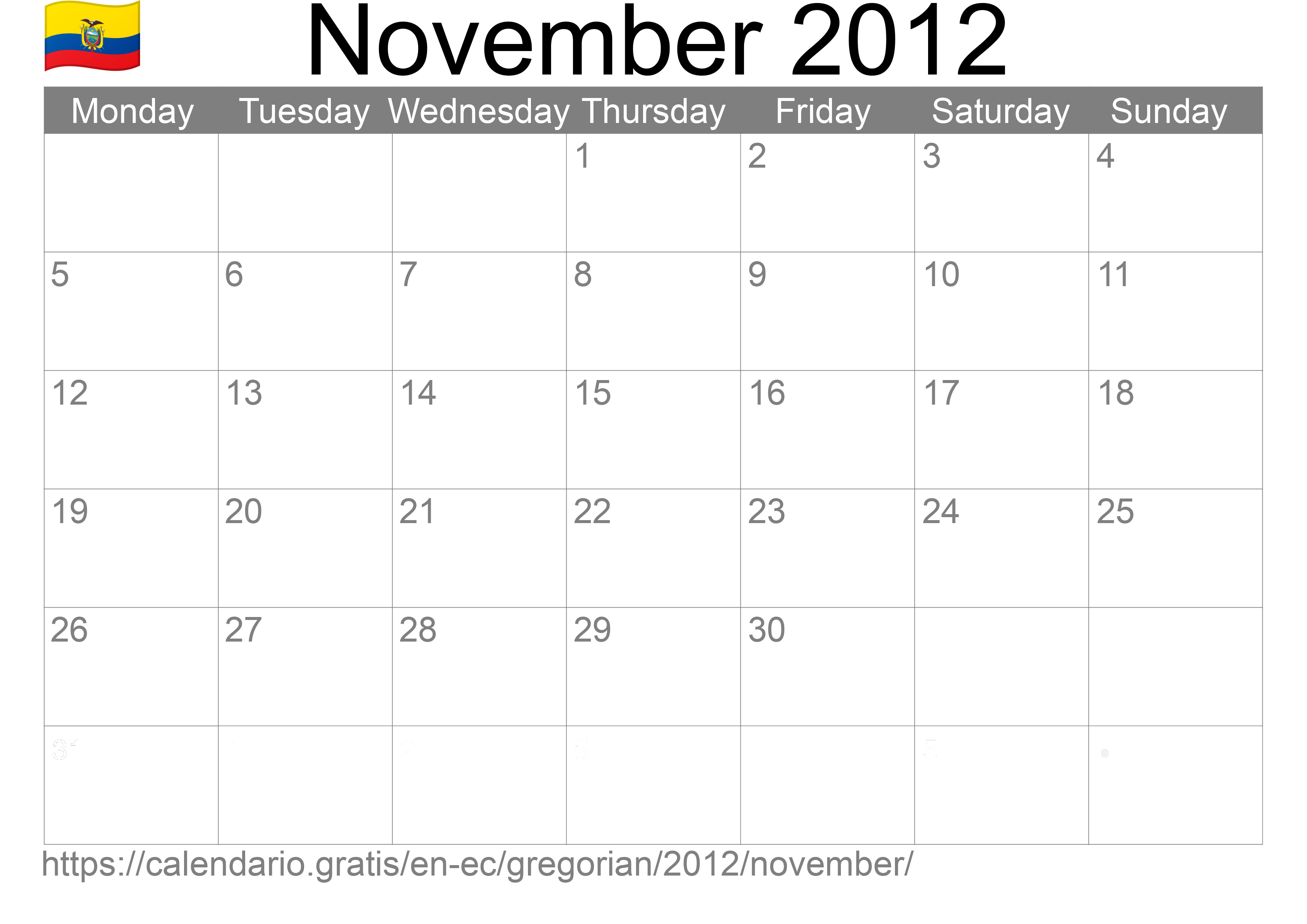 Calendar November 2012 to print