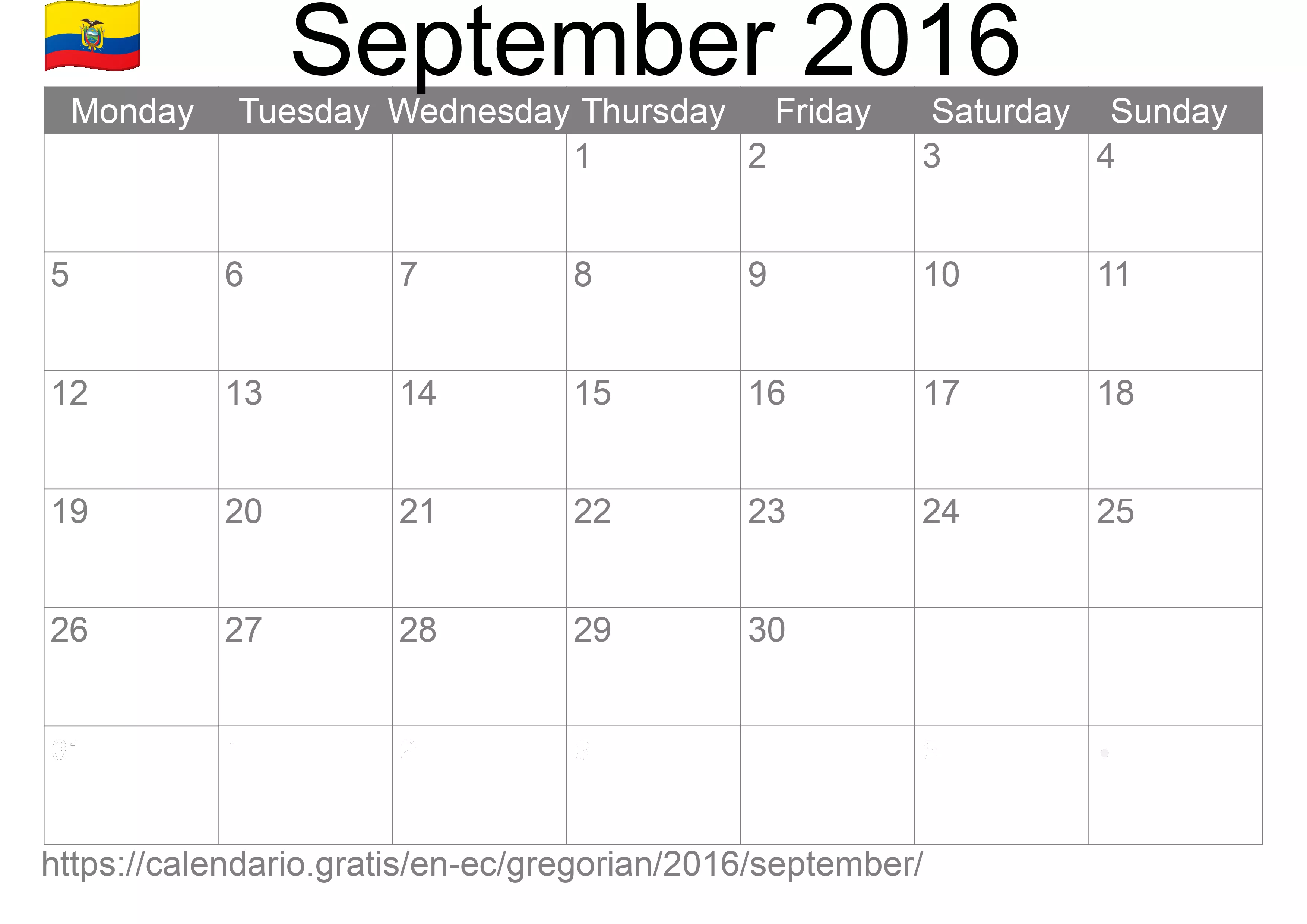 Calendar September 2016 to print (Ecuador)