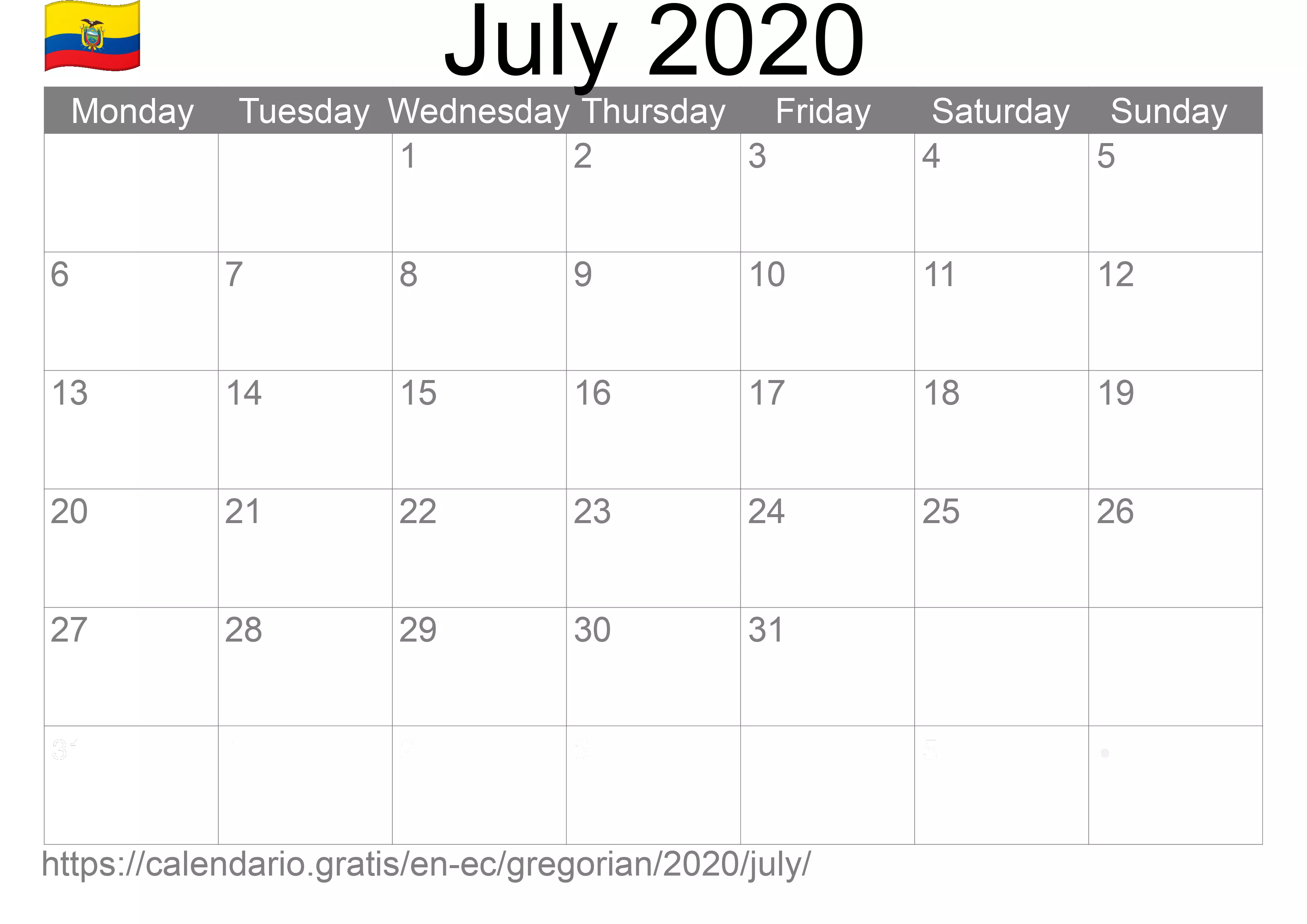 Calendar July 2020 to print (Ecuador)