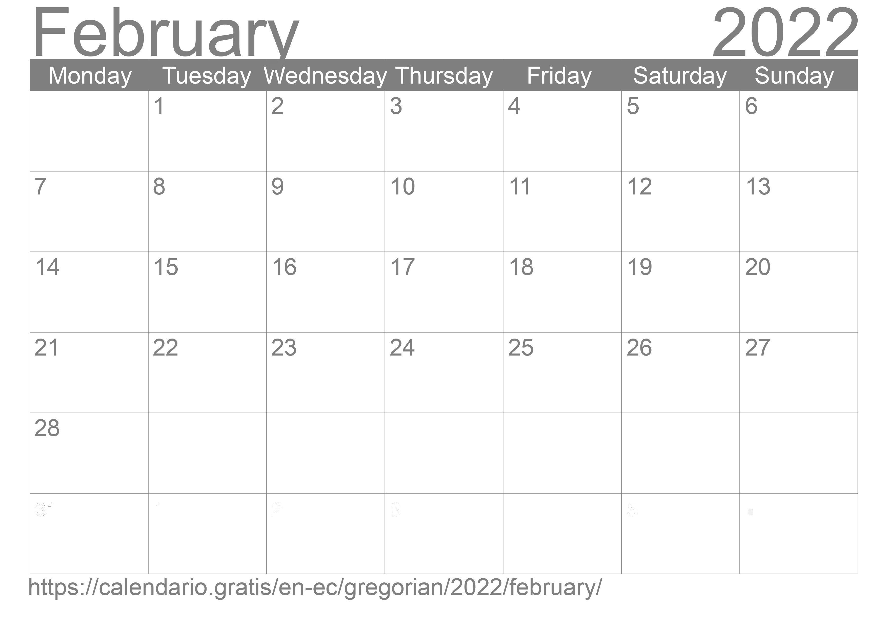 Calendar February 2022 from Ecuador in English: Holidays and moon phase