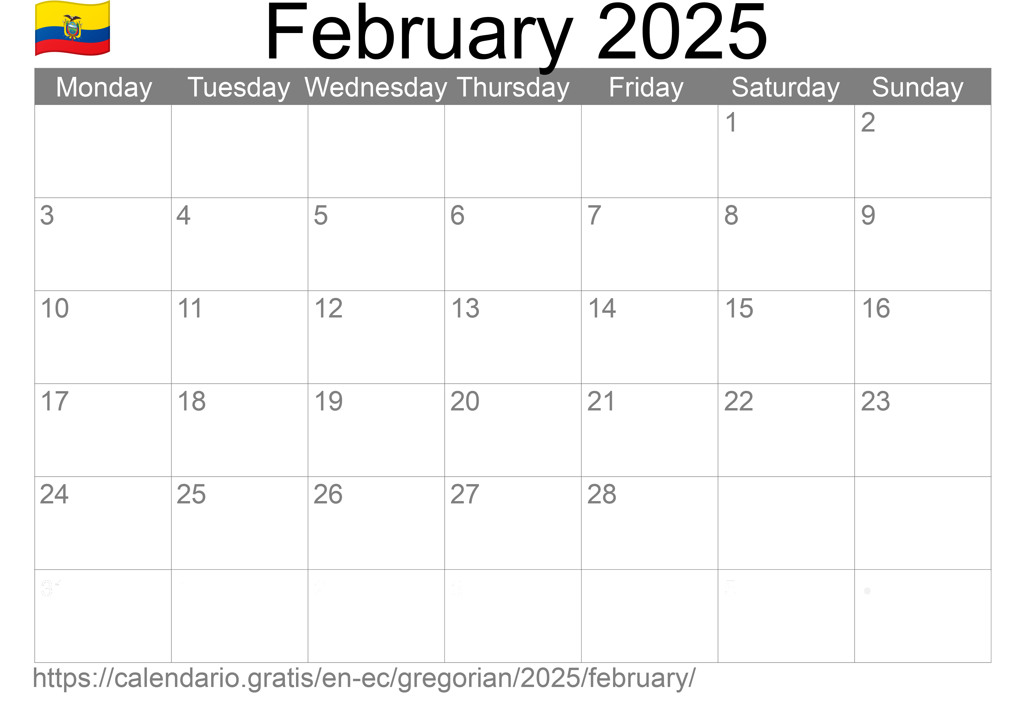 Calendar February 2025 to print