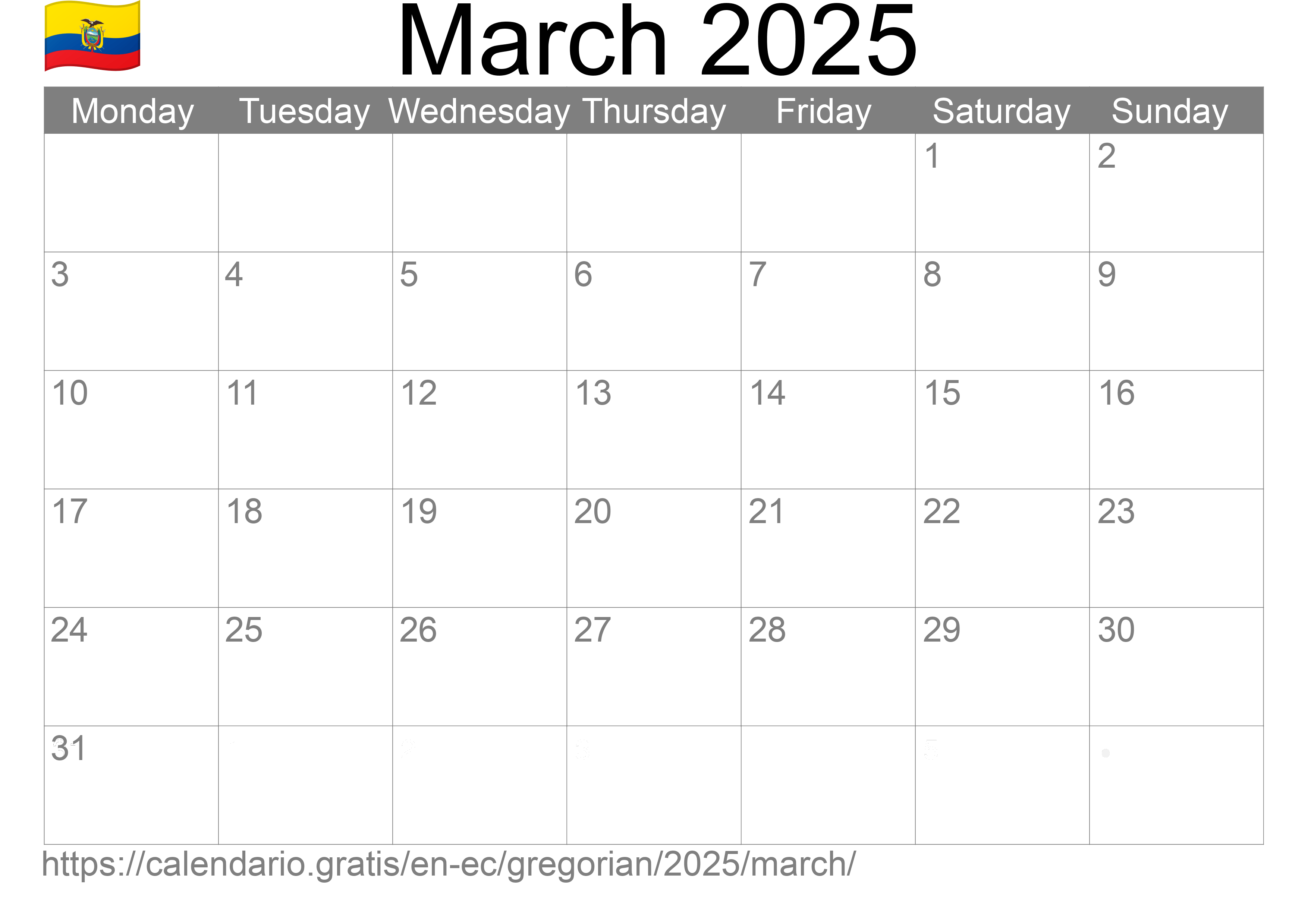 Calendar March 2025 to print