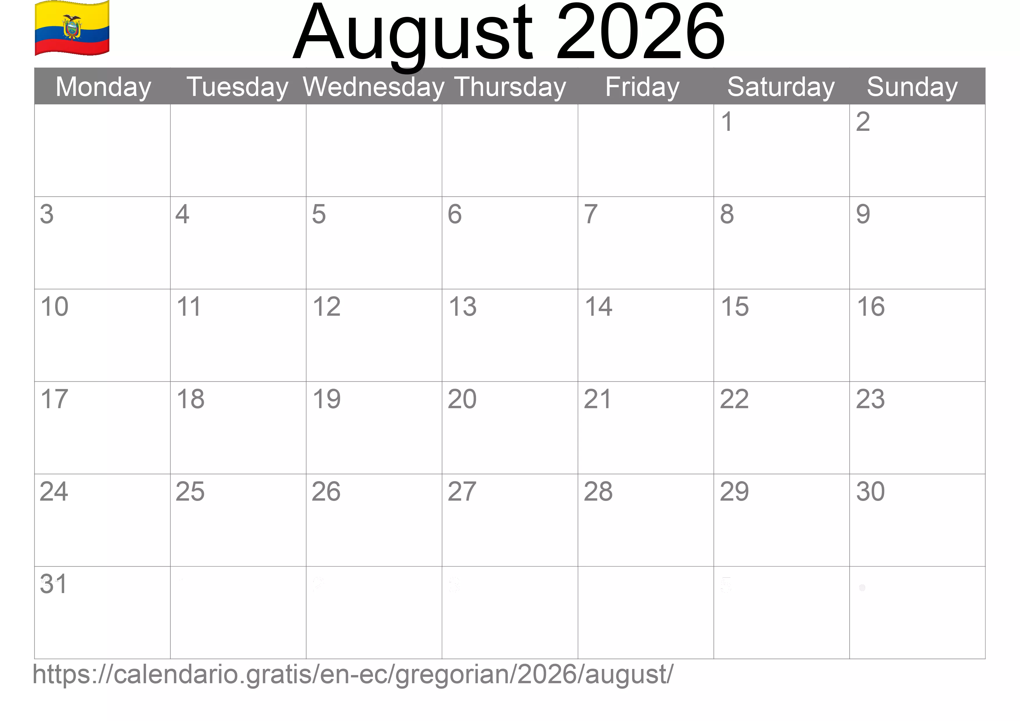 Calendar August 2026 to print (Ecuador) Calendar August 2026 to print (Ecuador)
