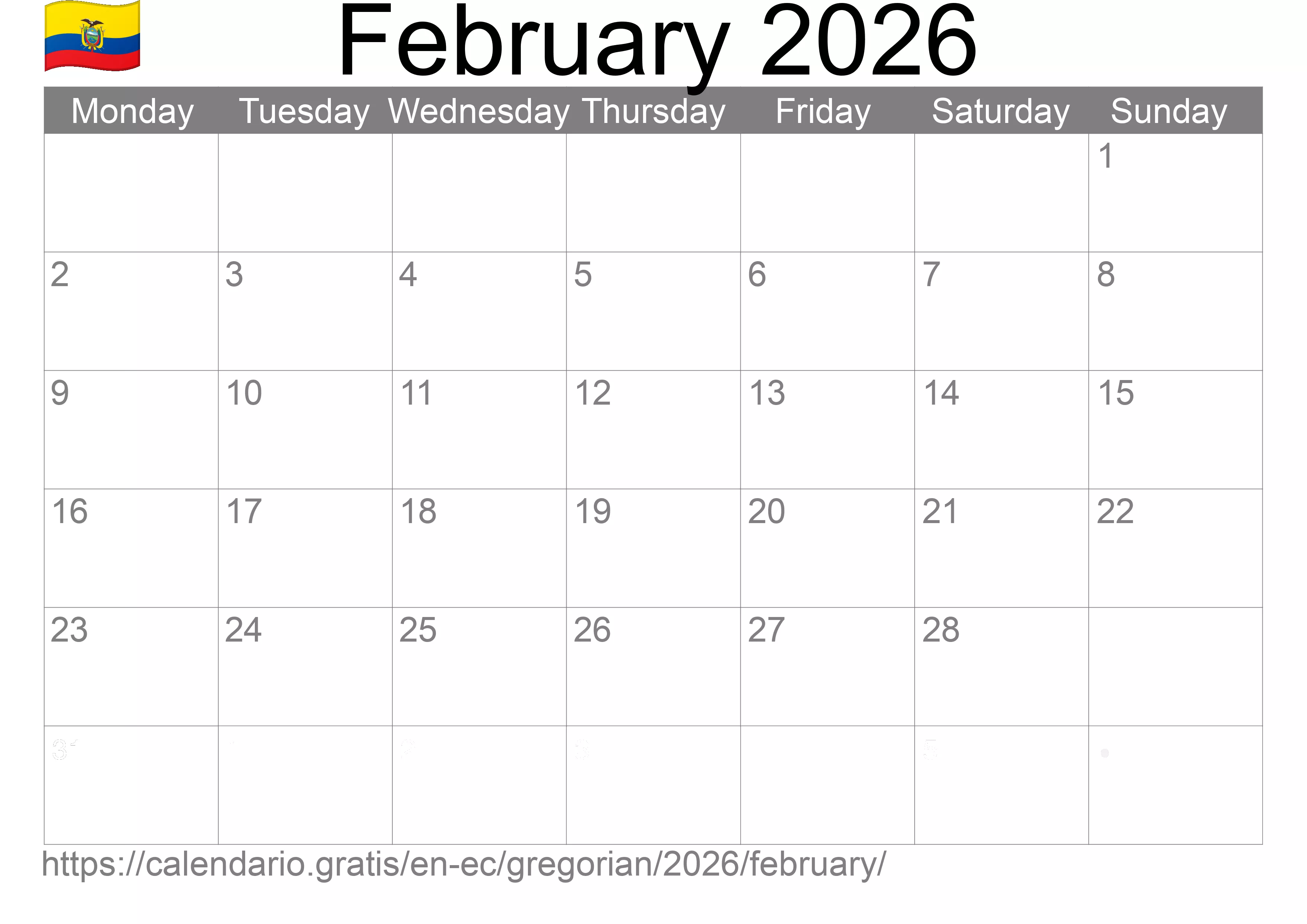Calendar February 2026 to print (Ecuador) Calendar February 2026 to print (Ecuador)