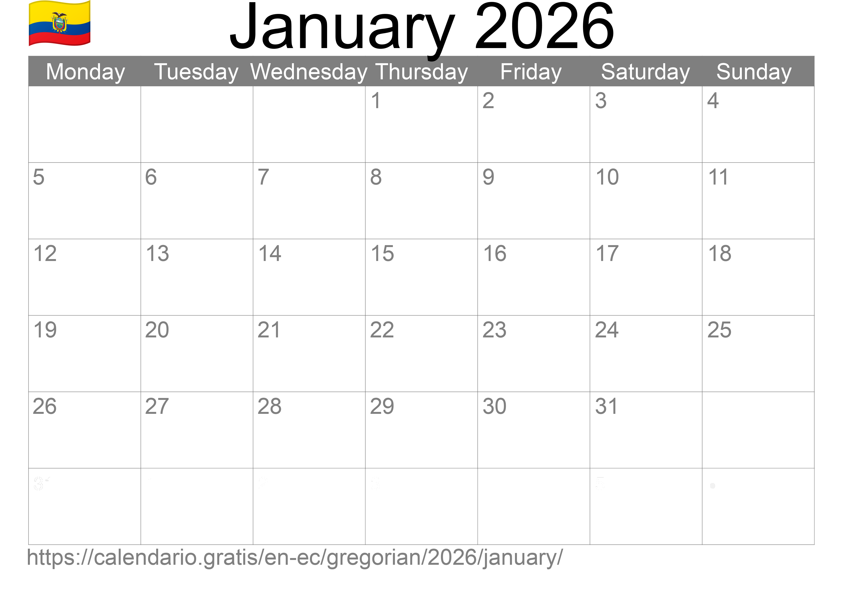 Calendar January 2026 to print