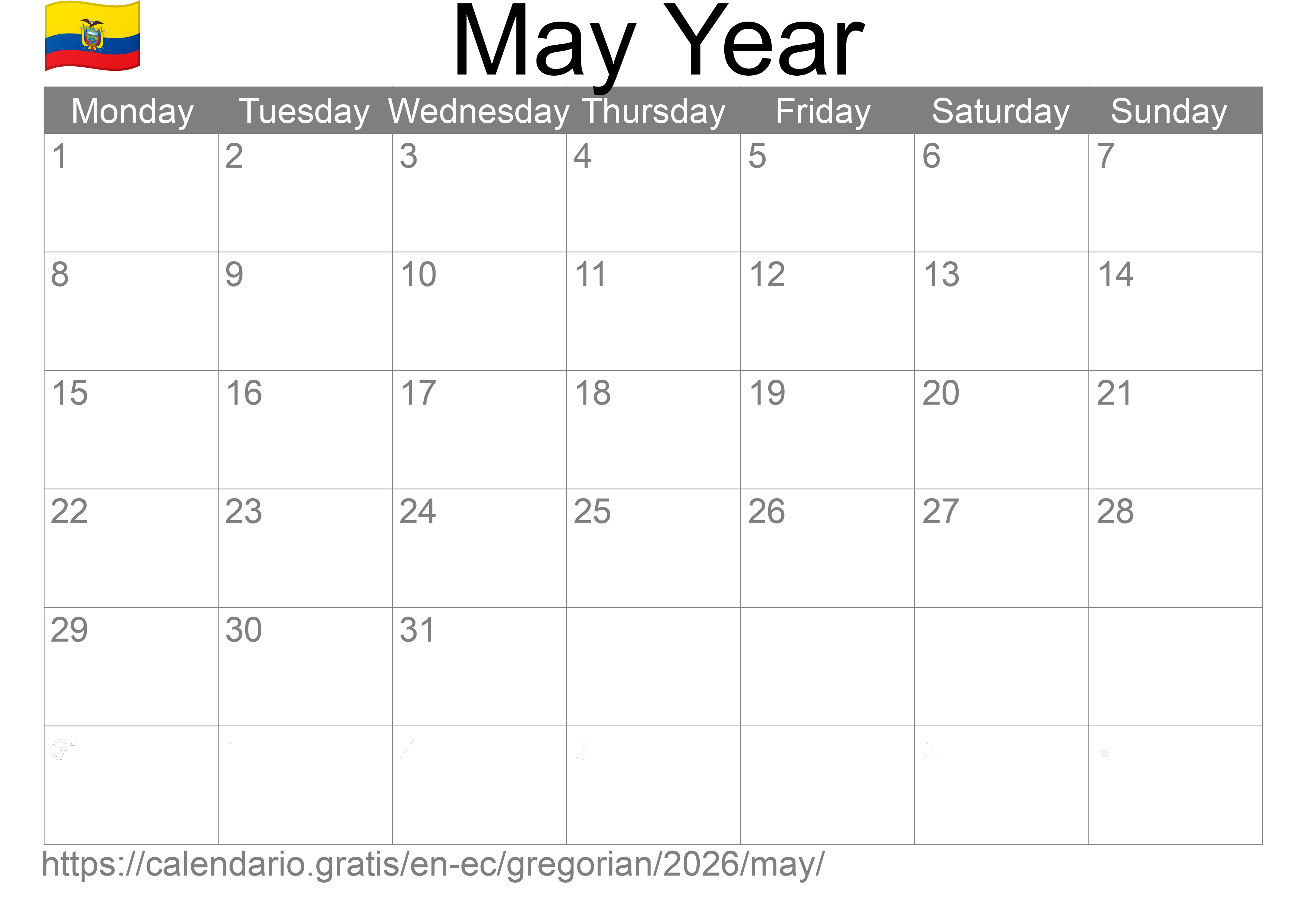 Calendar May 2026 to print