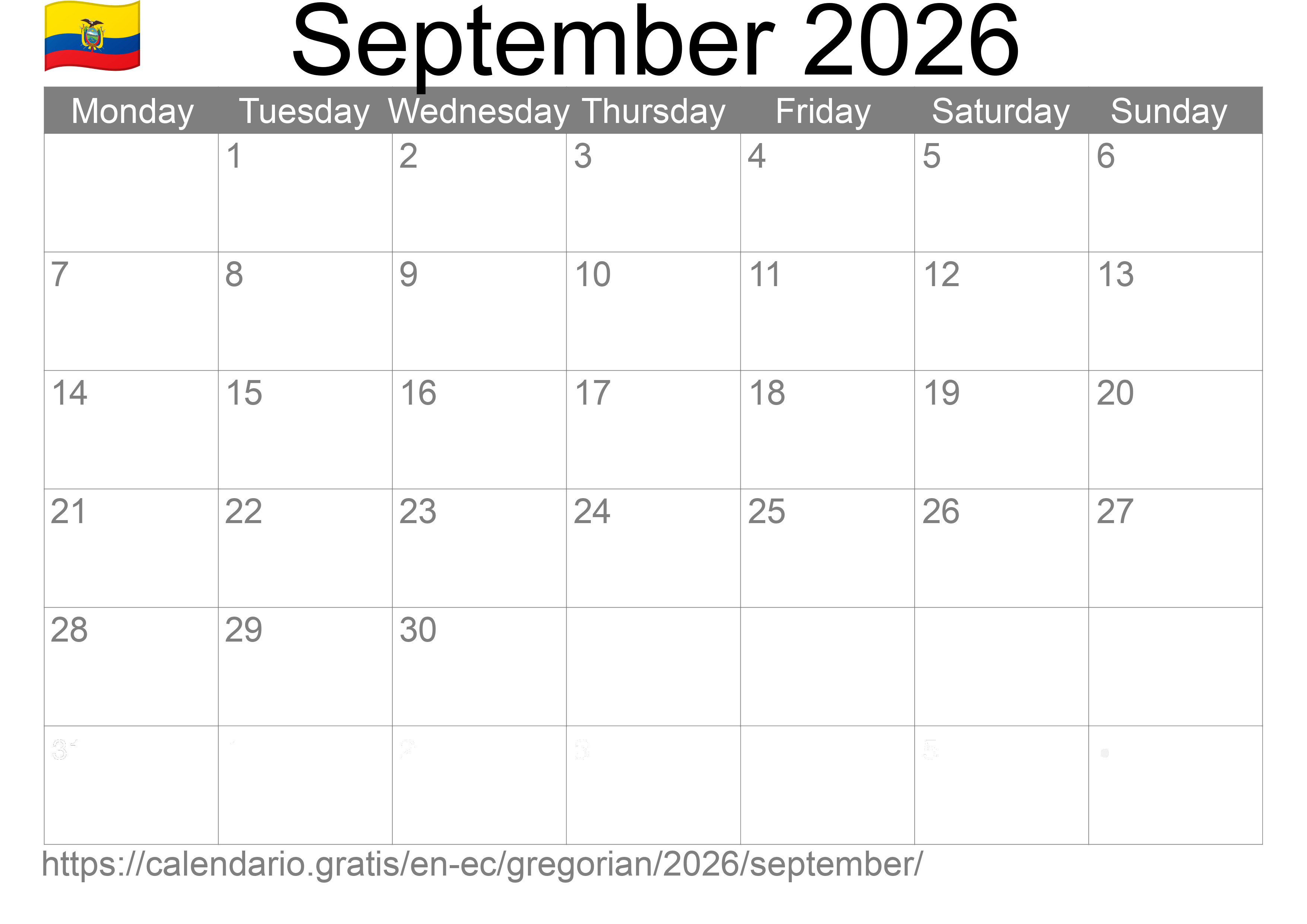 Calendar September 2026 to print