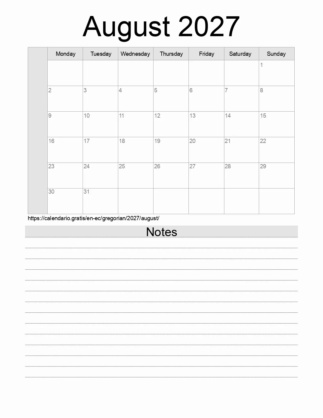 Calendar for printing with notes for 2027 August . (Ecuador) Calendar for printing with notes for 2027 August . (Ecuador)