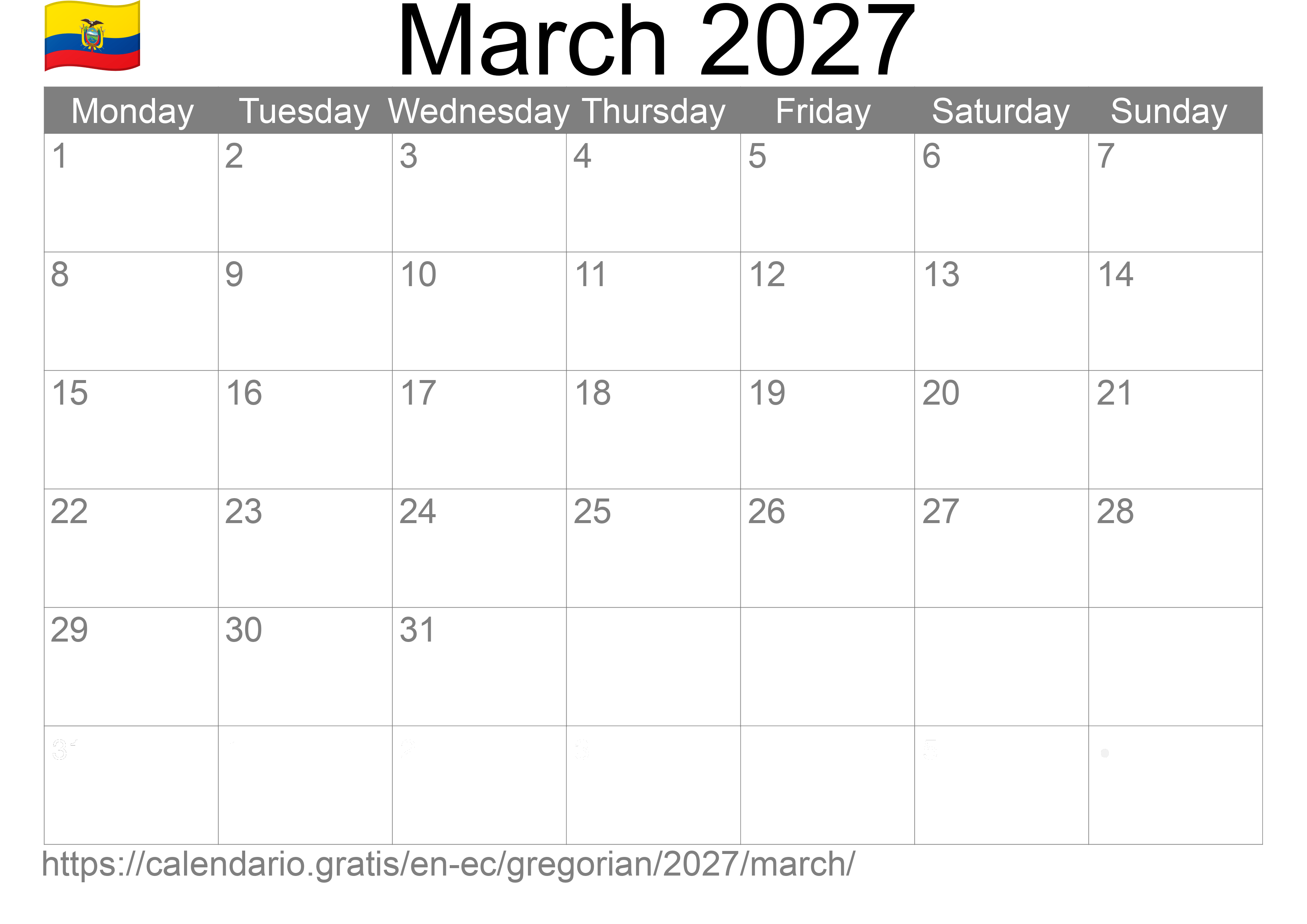 Calendar March 2027 to print