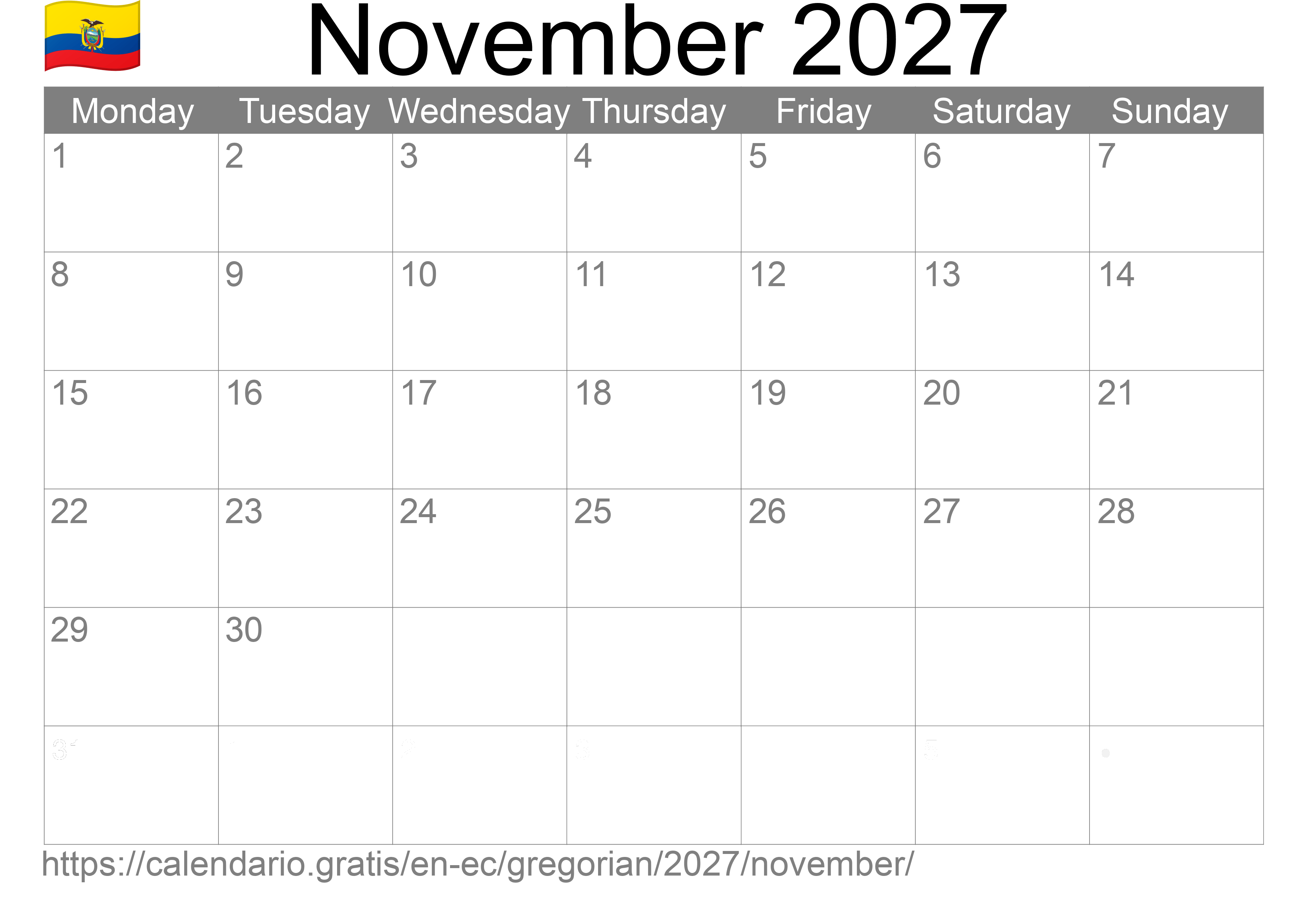 Calendar November 2027 to print