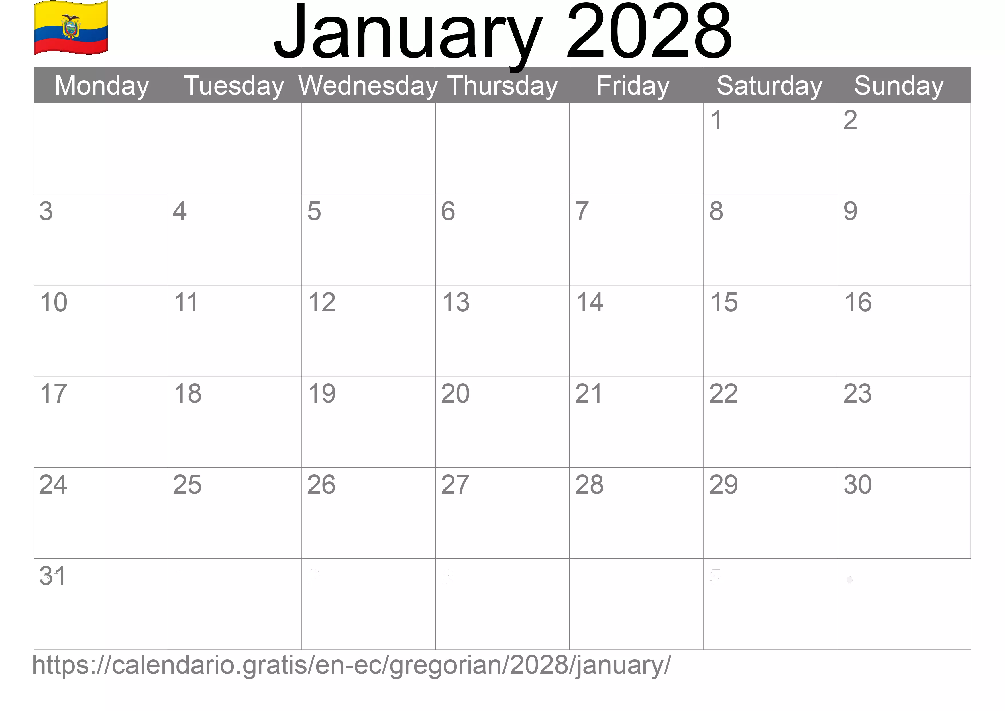 Calendar January 2028 to print (Ecuador)