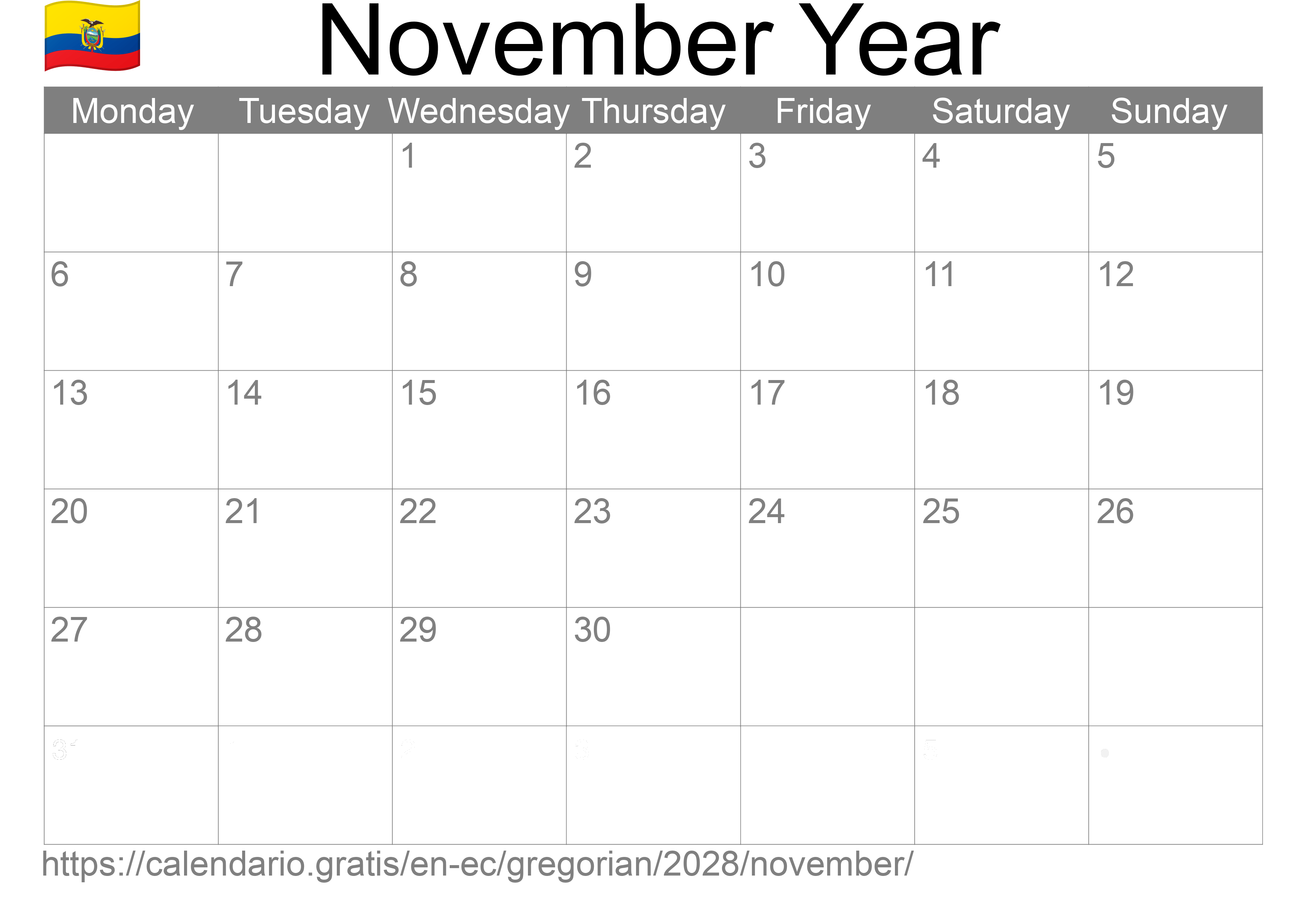 Calendar November 2028 to print