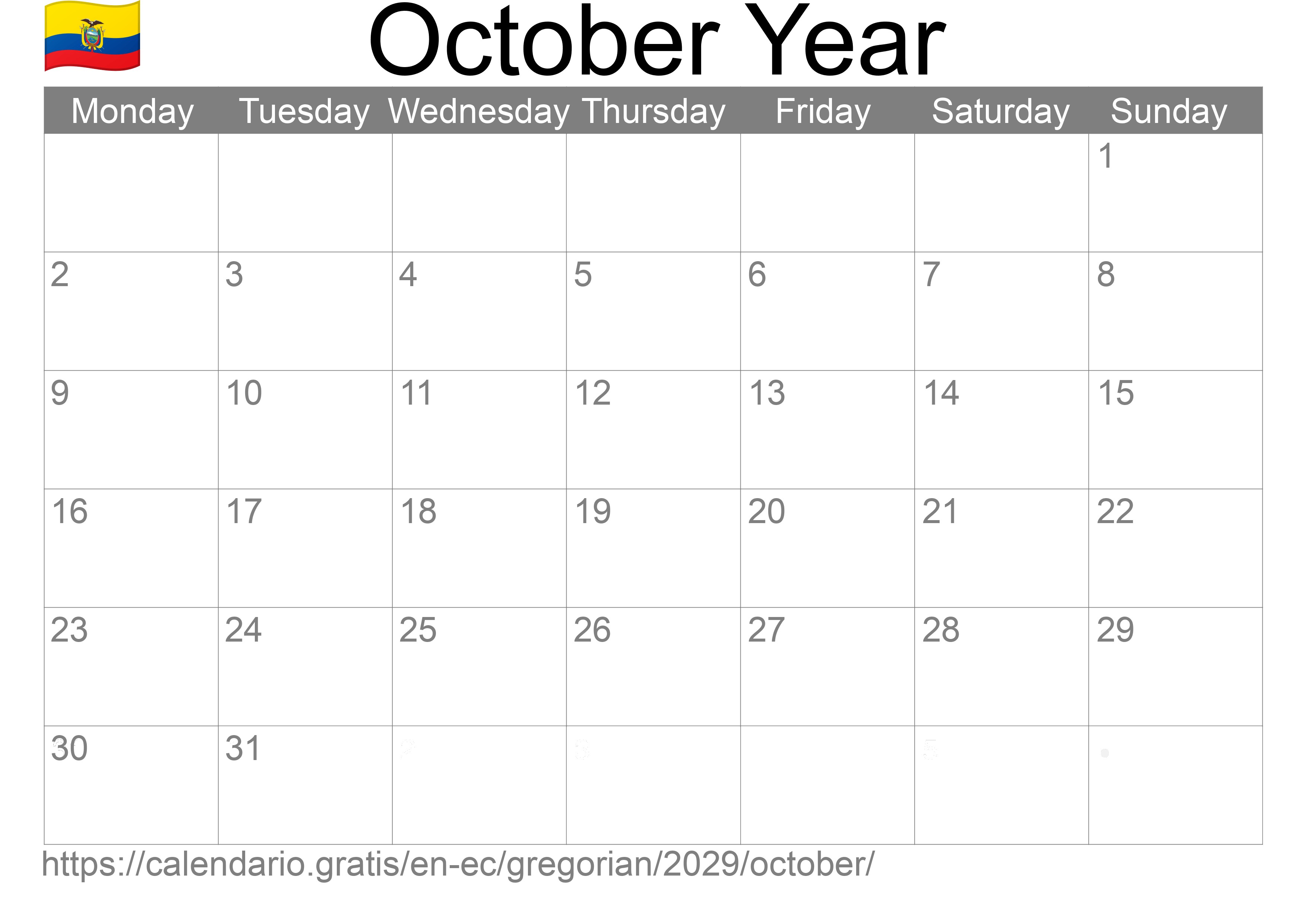 Calendar October 2029 to print