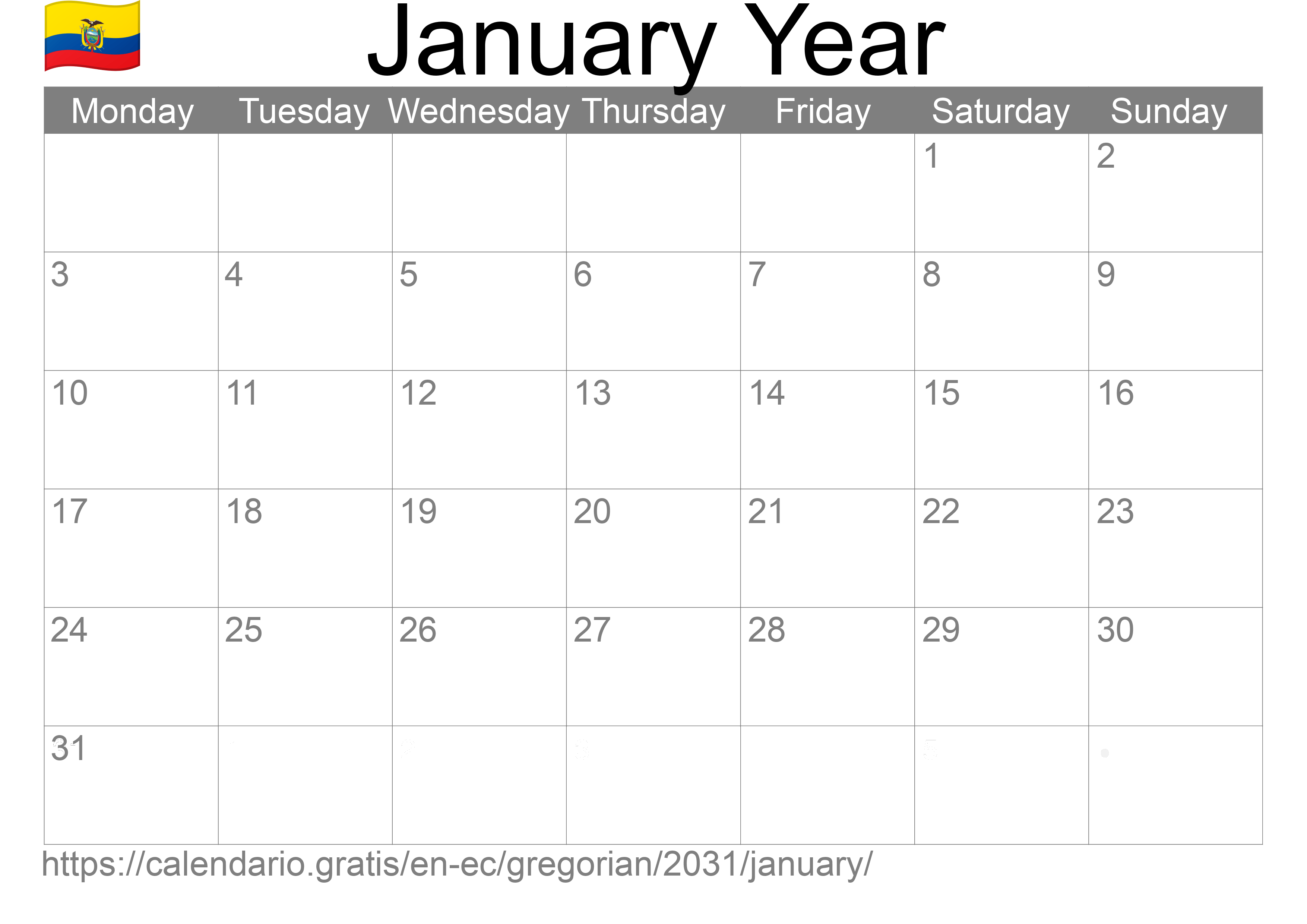 Calendar January 2031 to print