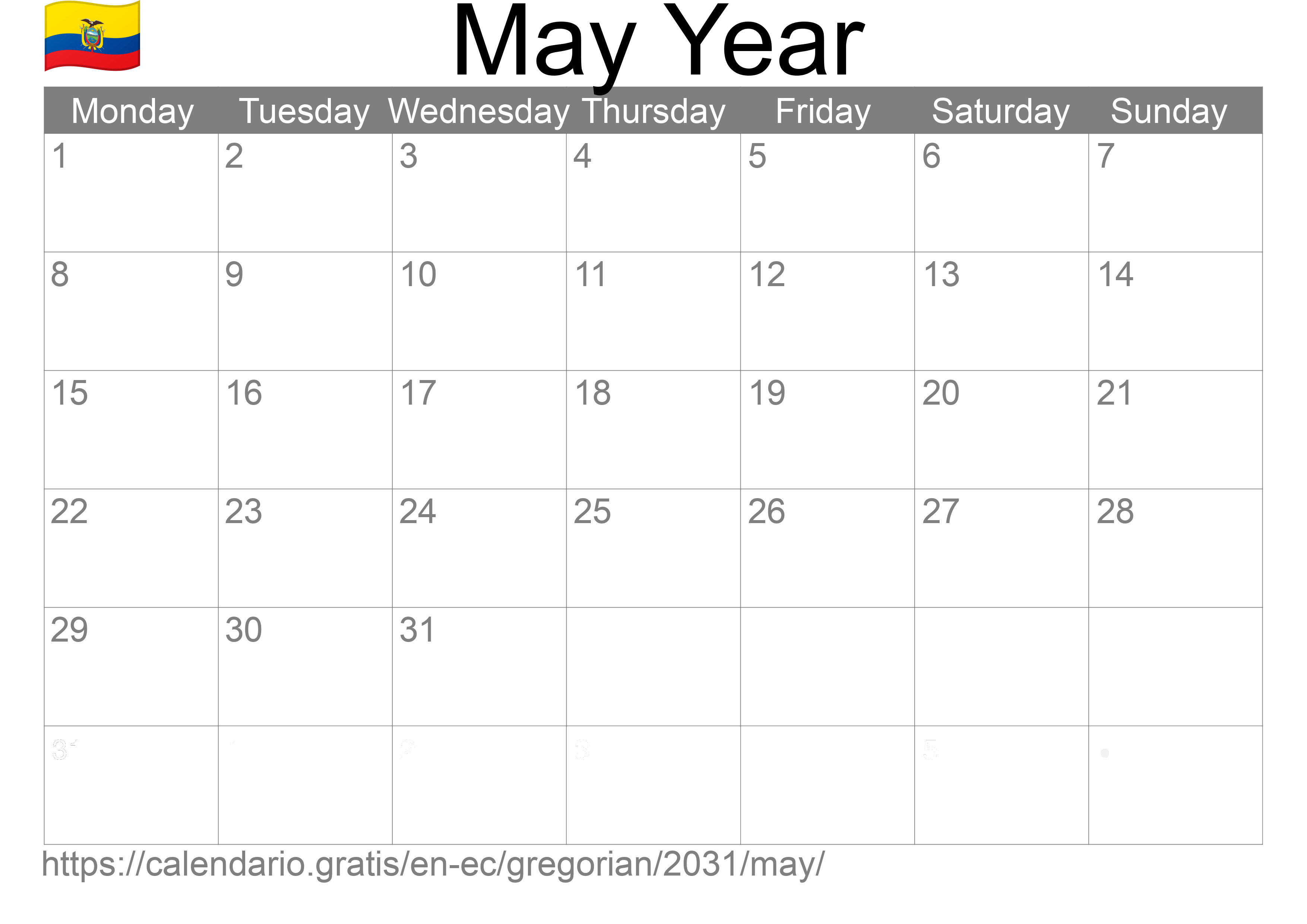 Calendar May 2031 to print