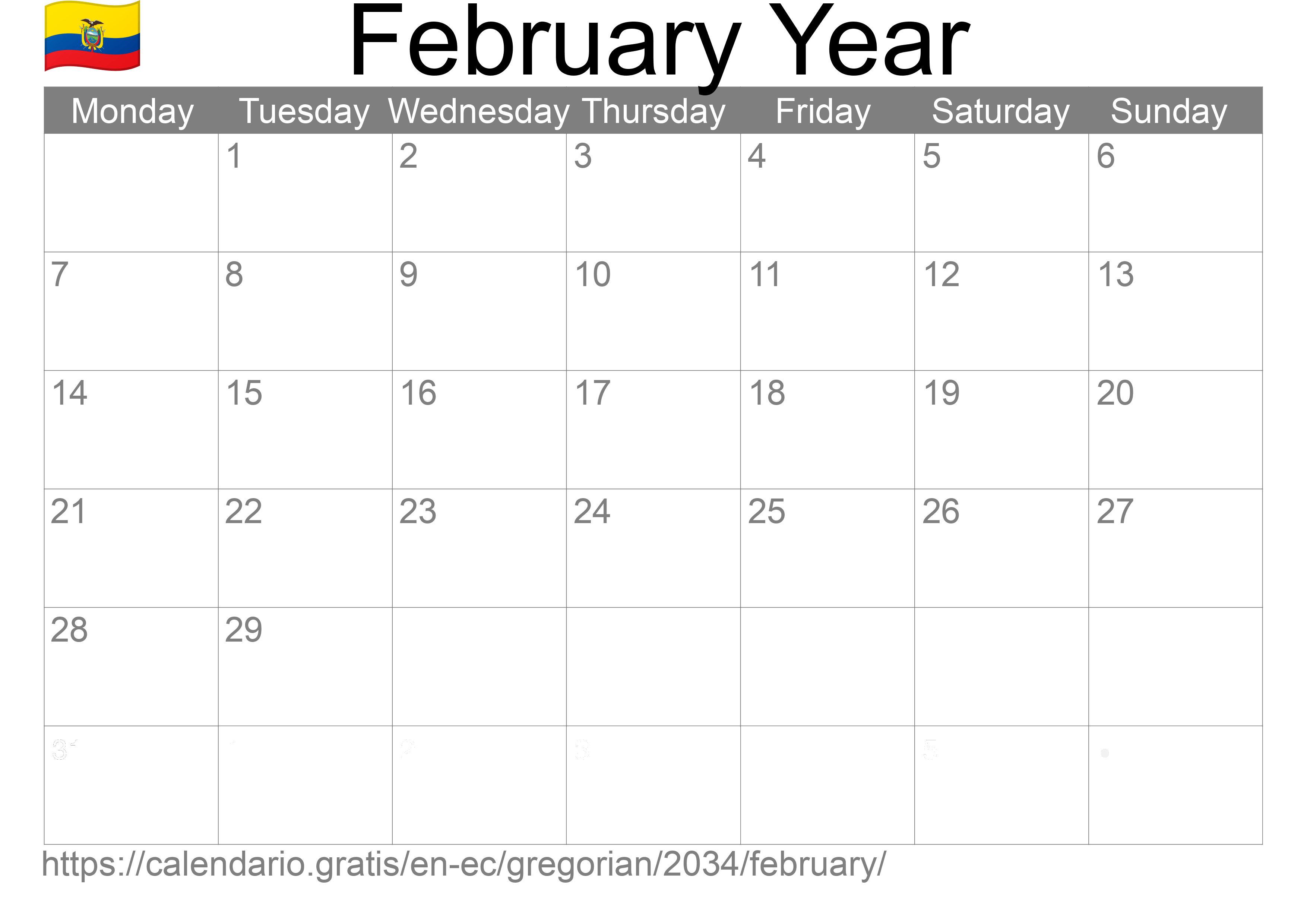 Calendar February 2034 to print