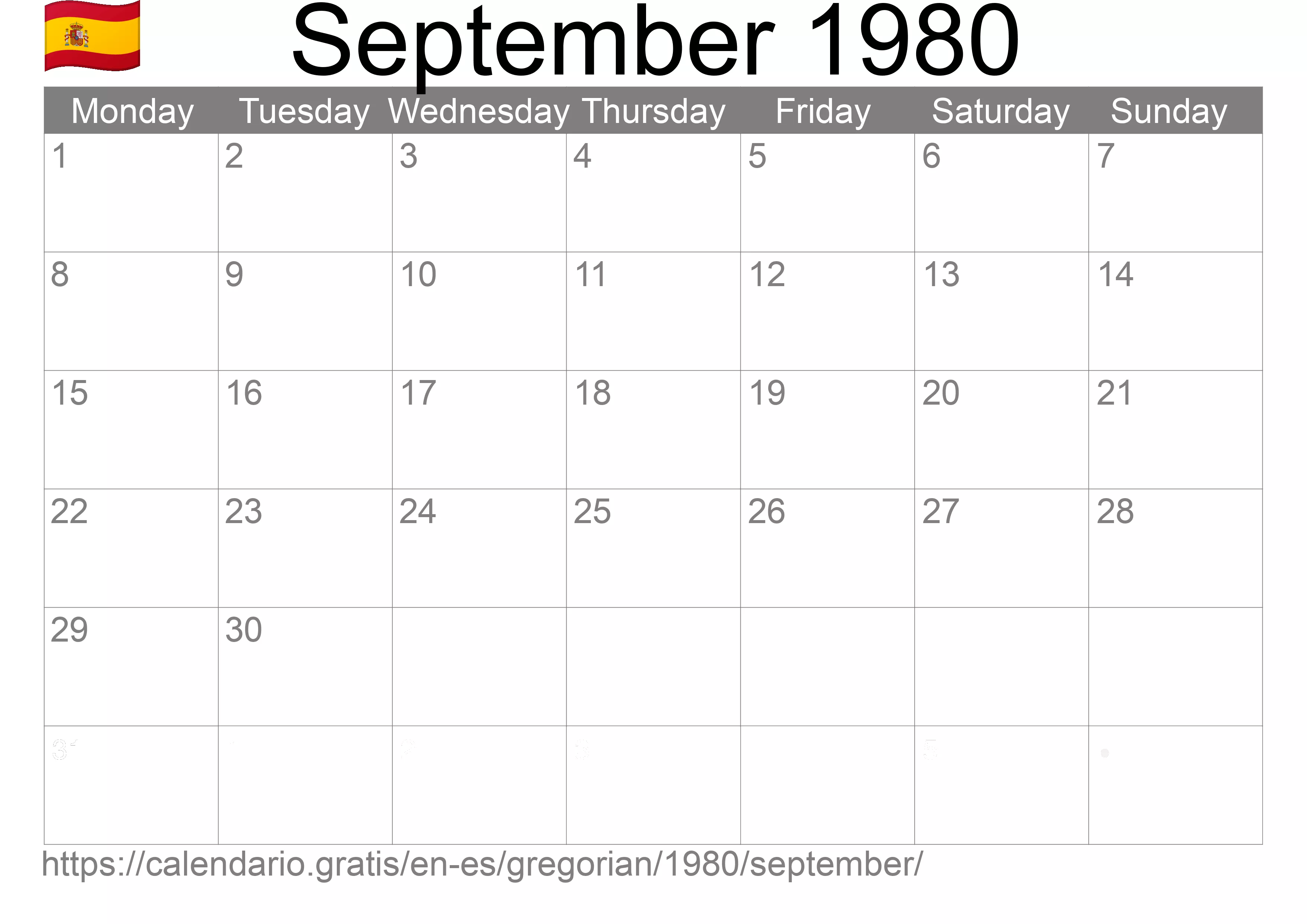 Calendar September 1980 to print (Spain) Calendar September 1980 to print (Spain)