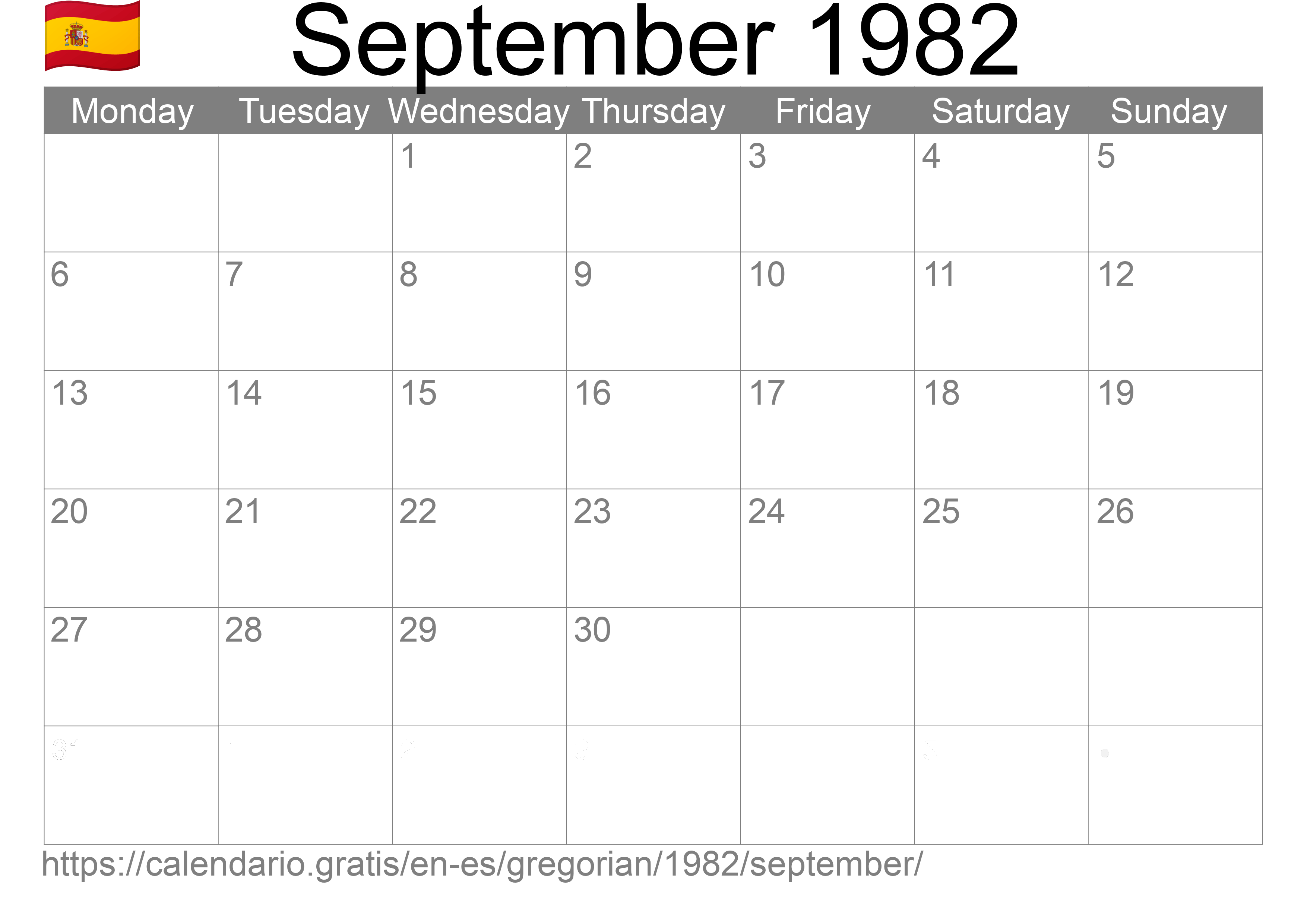 Calendar September 1982 to print