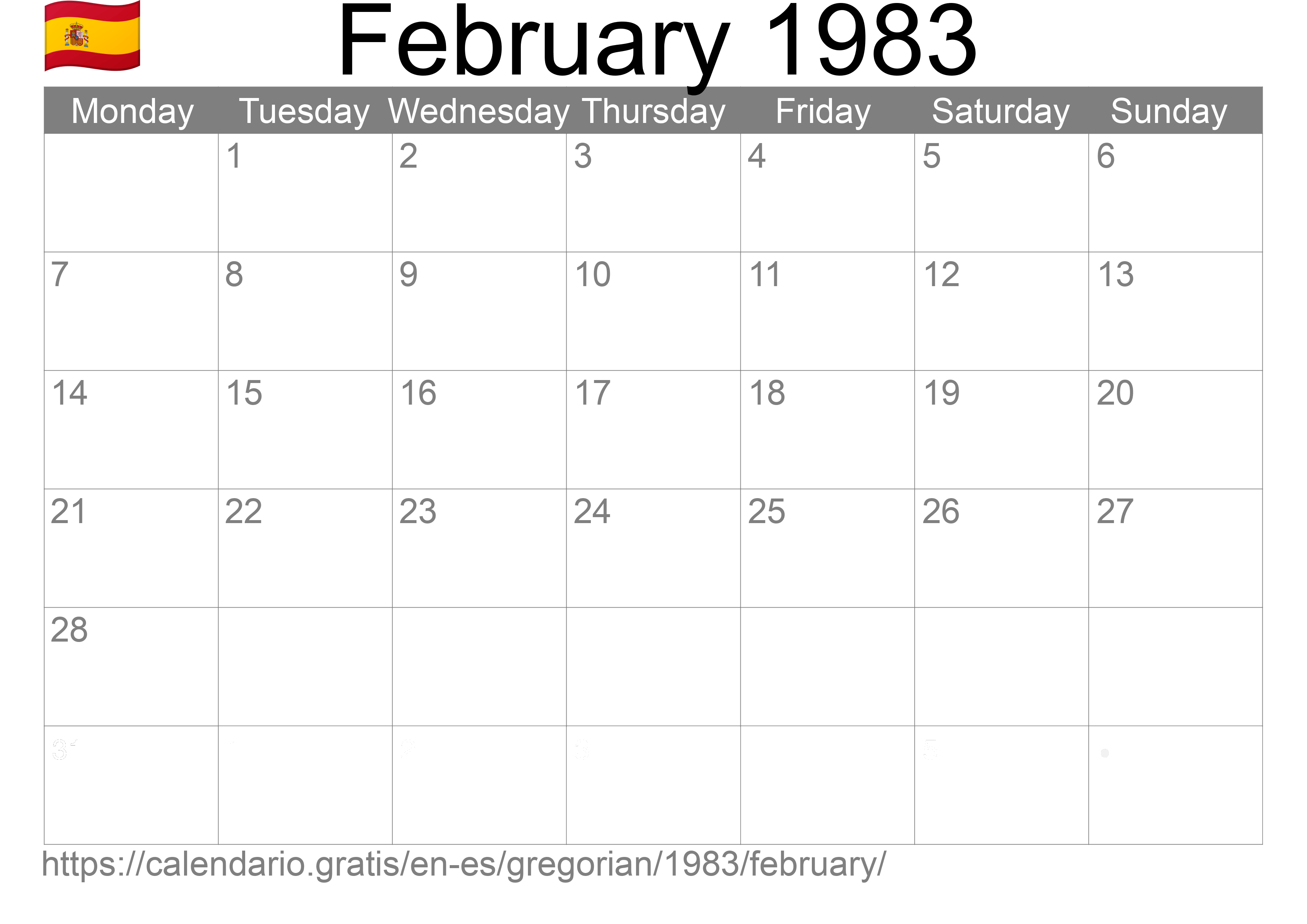 Calendar February 1983 to print