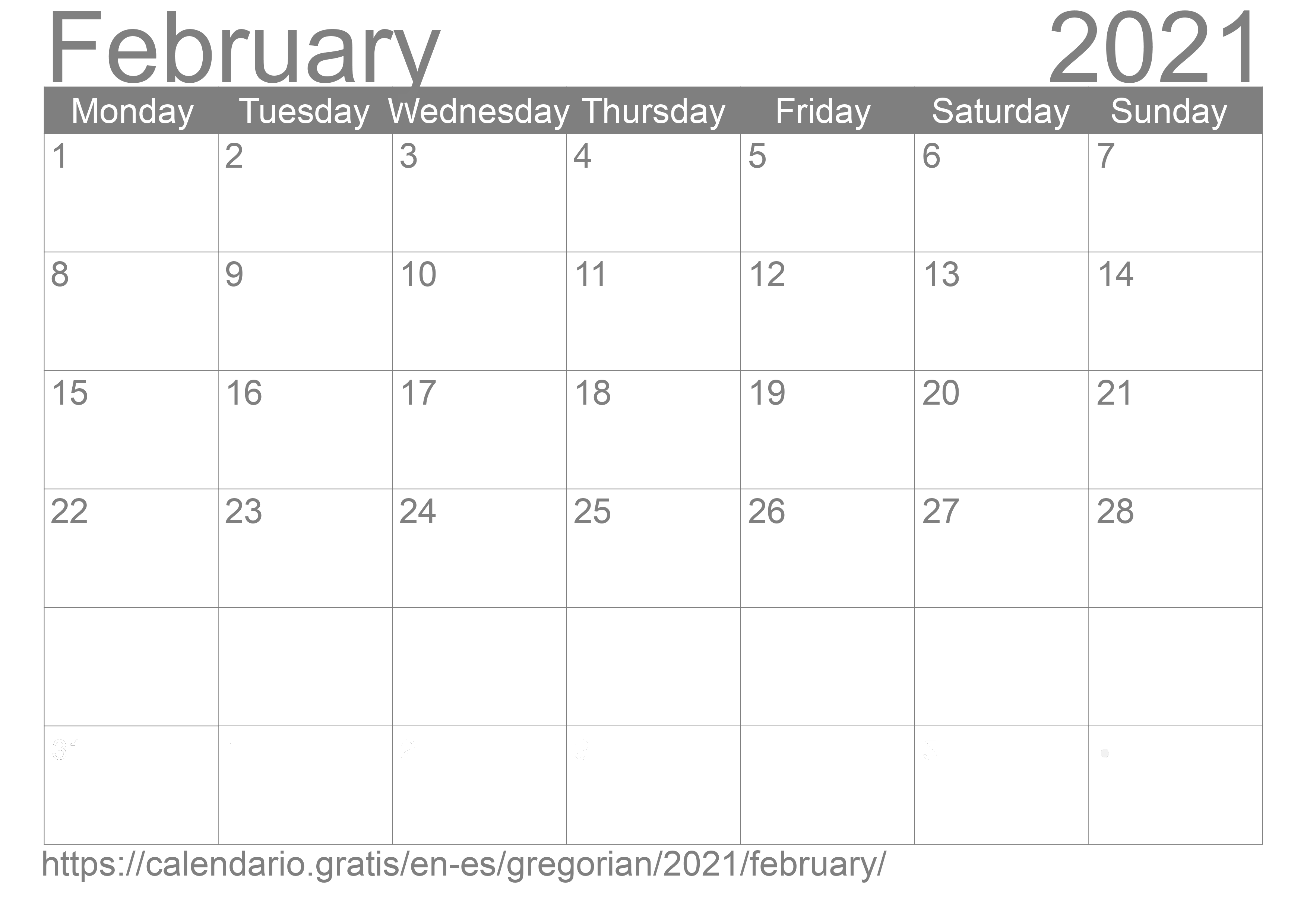 Calendar February 2021 to print