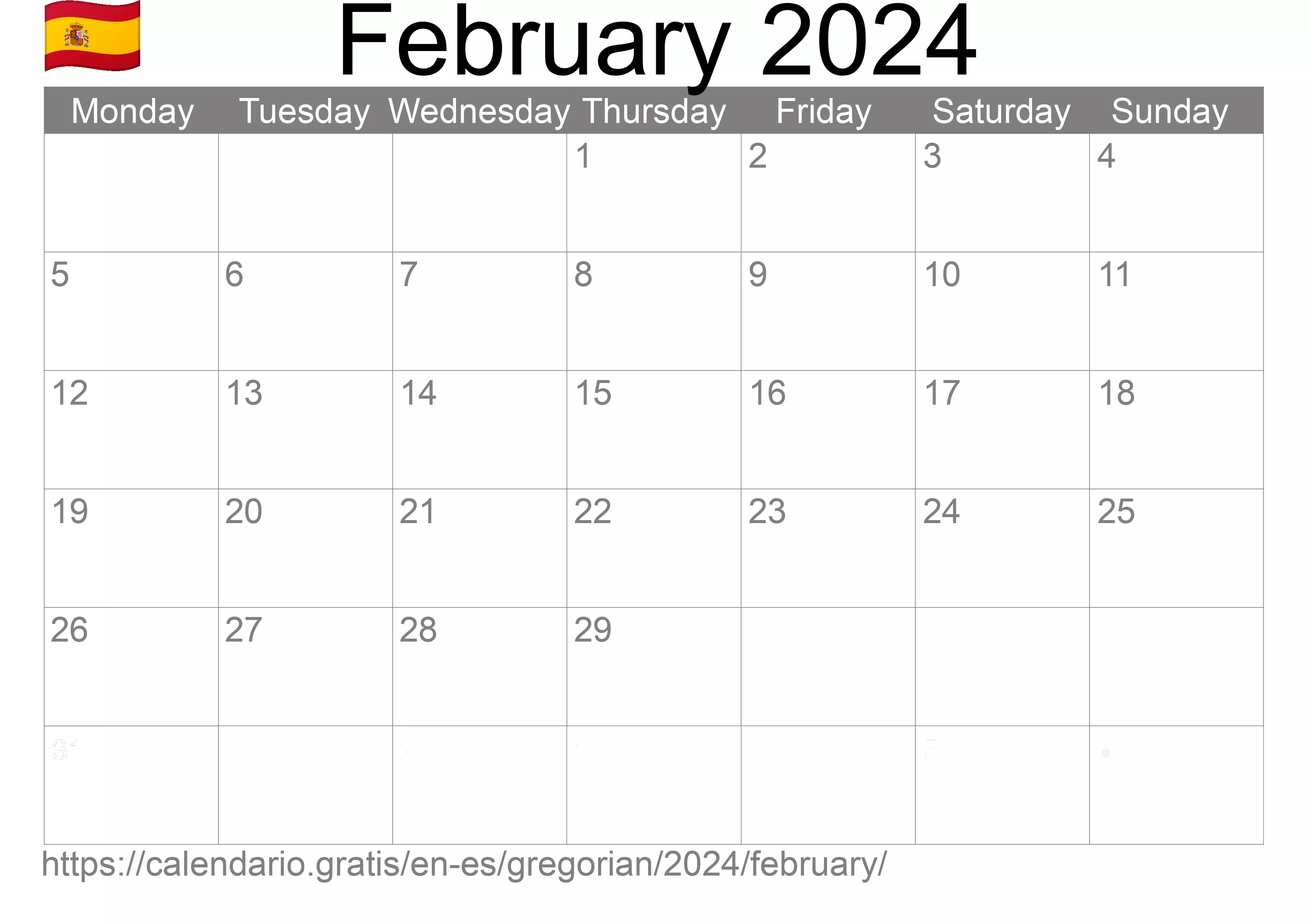 Calendar February 2024 to print (Spain) Calendar February 2024 to print (Spain)
