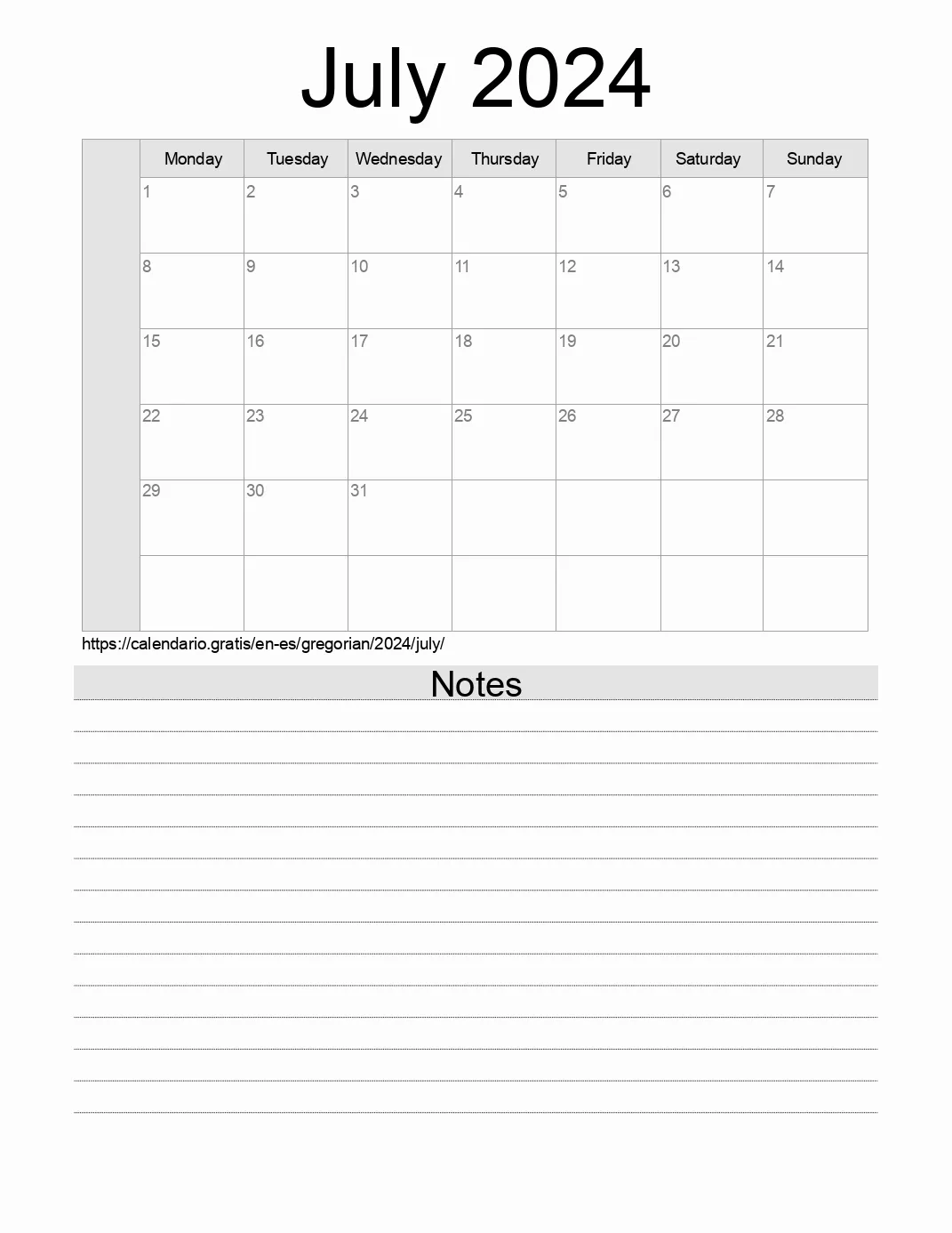 Calendar for printing with notes for 2024 July . (Spain) Calendar for printing with notes for 2024 July . (Spain)