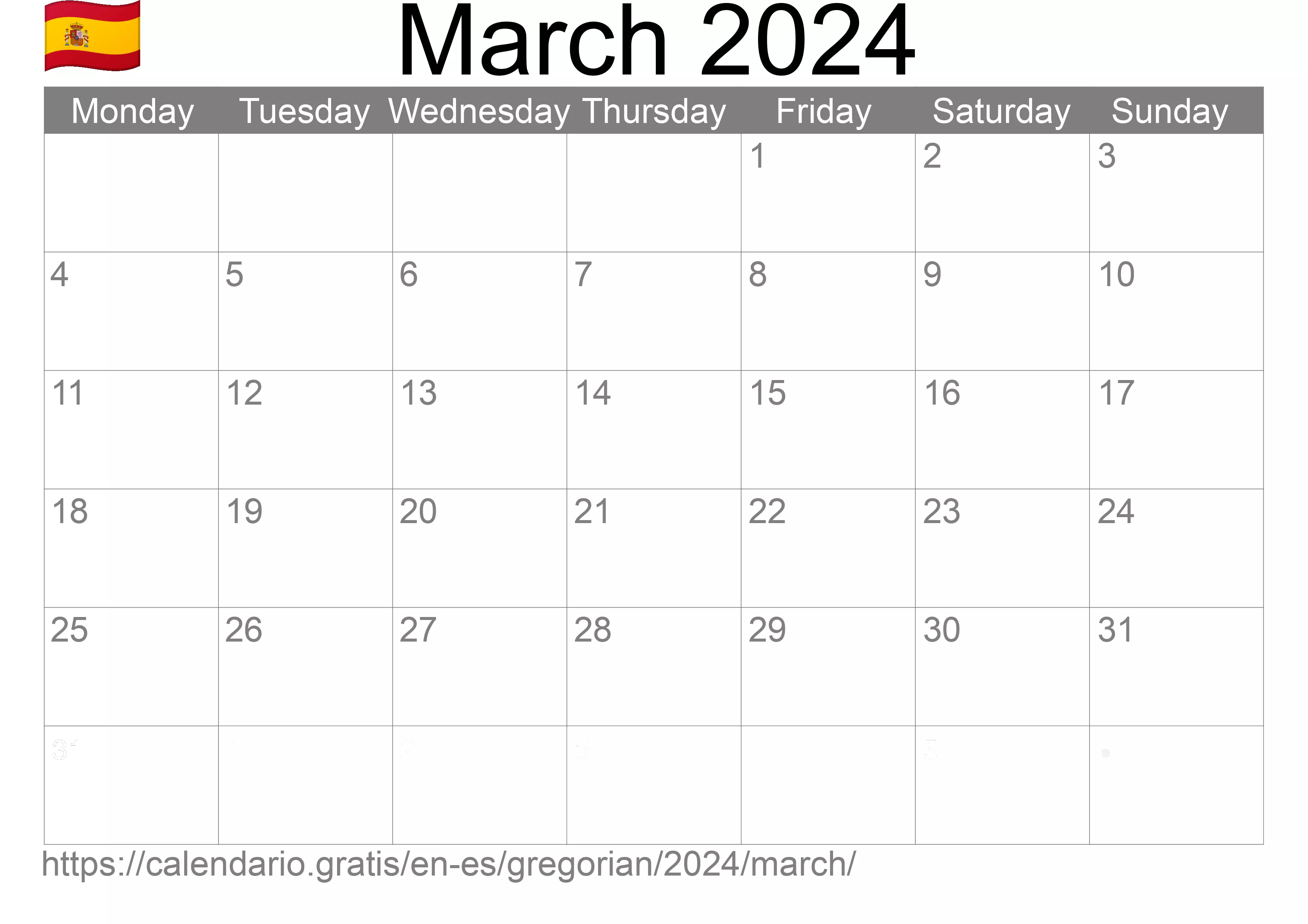 Calendar March 2024 to print (Spain) Calendar March 2024 to print (Spain)