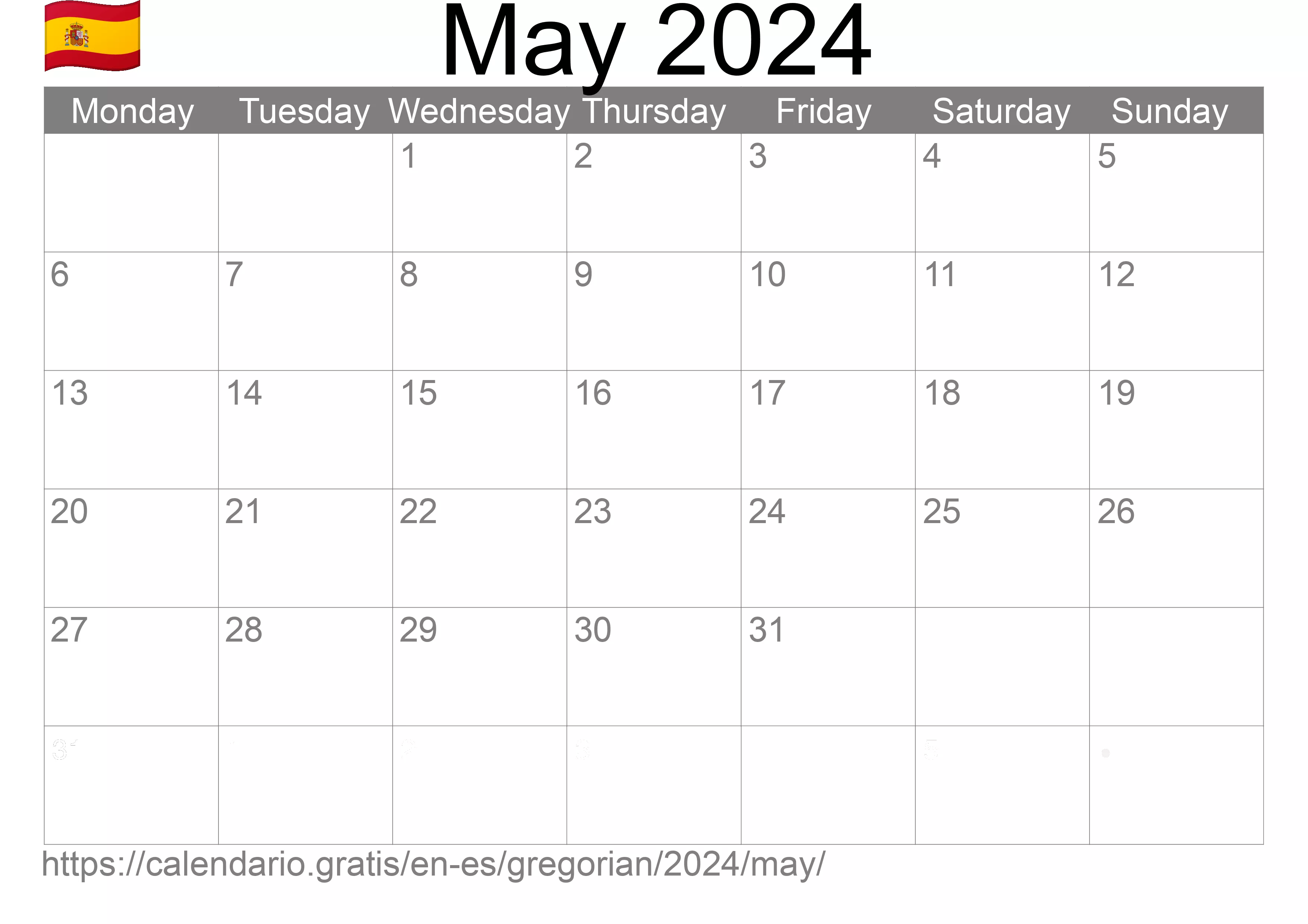 Calendar May 2024 to print (Spain) Calendar May 2024 to print (Spain)