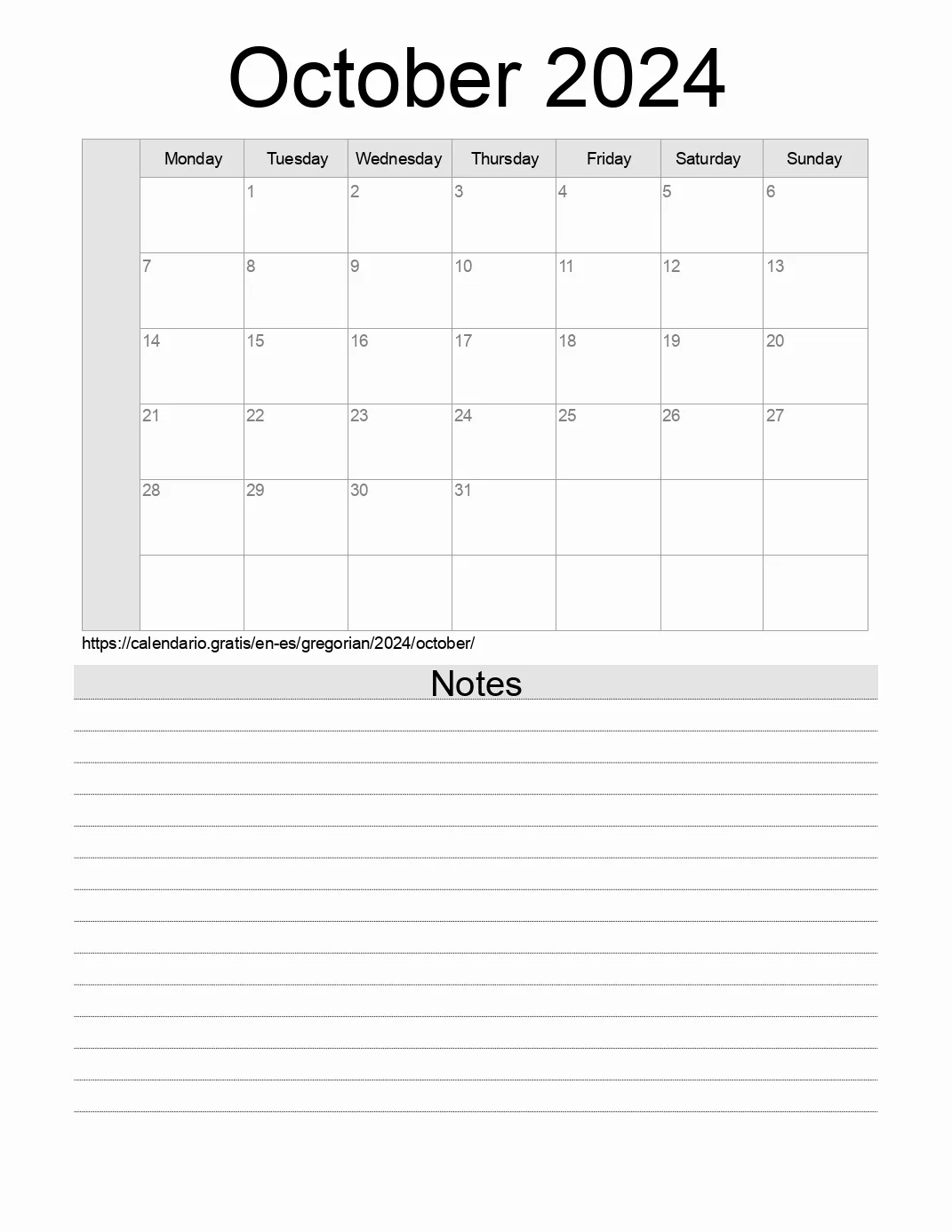 Calendar for printing with notes for 2024 October . (Spain) Calendar for printing with notes for 2024 October . (Spain)