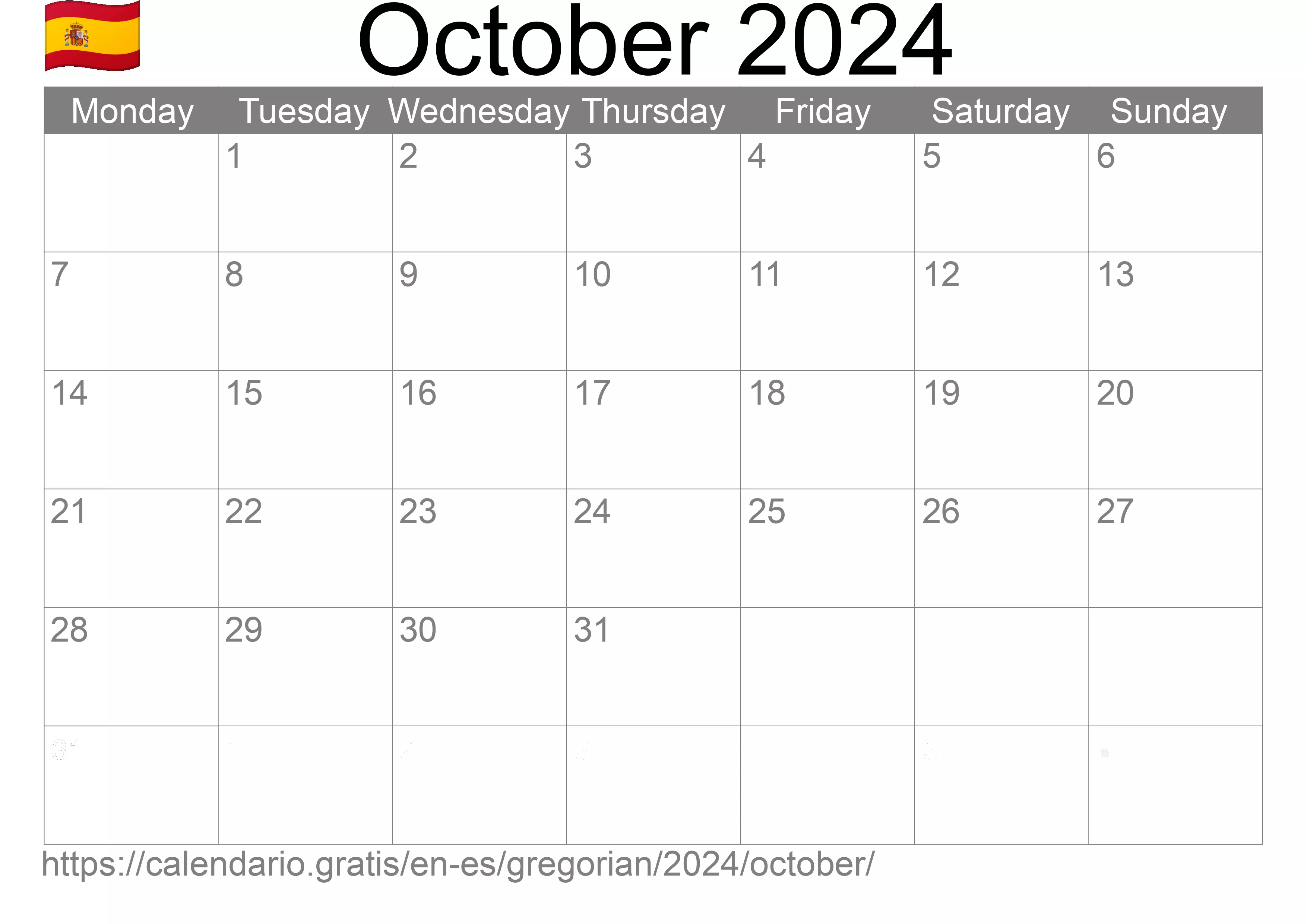 Calendar October 2024 to print (Spain) Calendar October 2024 to print (Spain)