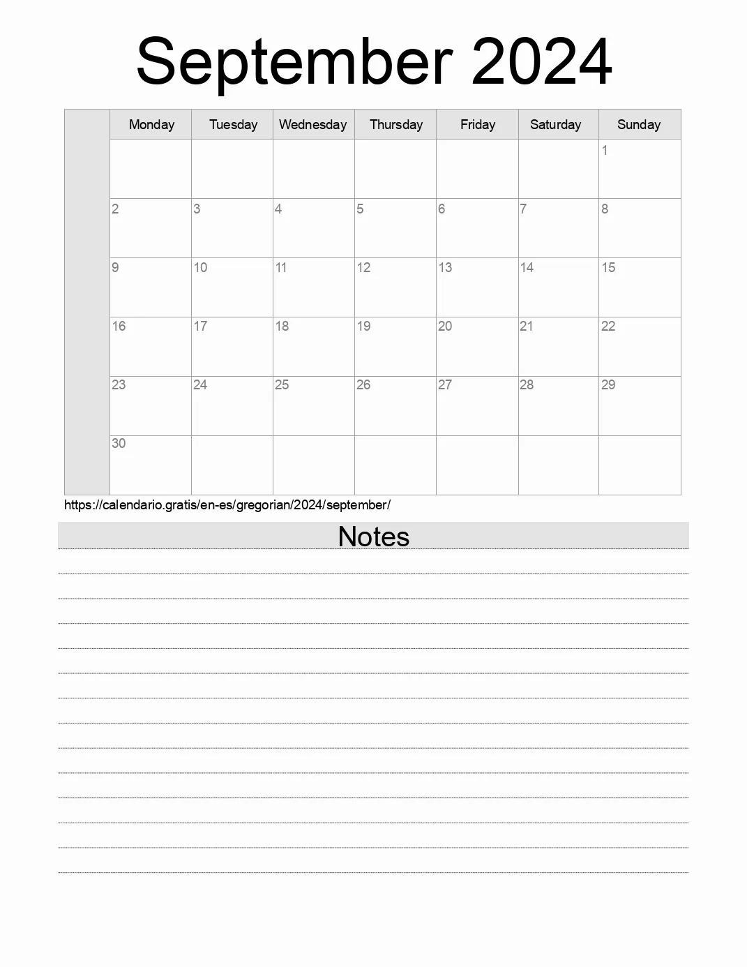 Calendar for printing with notes for 2024 September . (Spain) Calendar for printing with notes for 2024 September . (Spain)