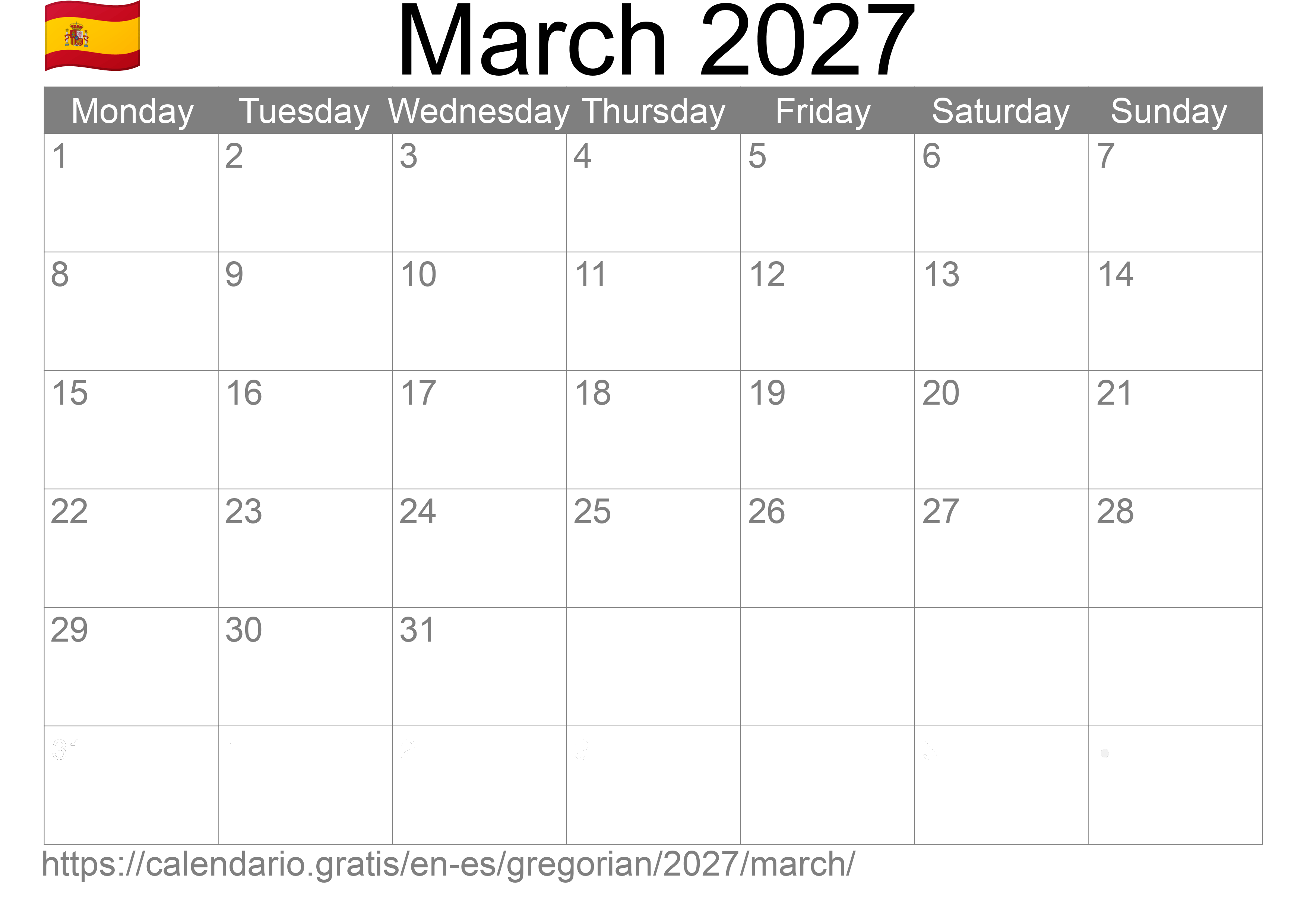 Calendar March 2027 to print