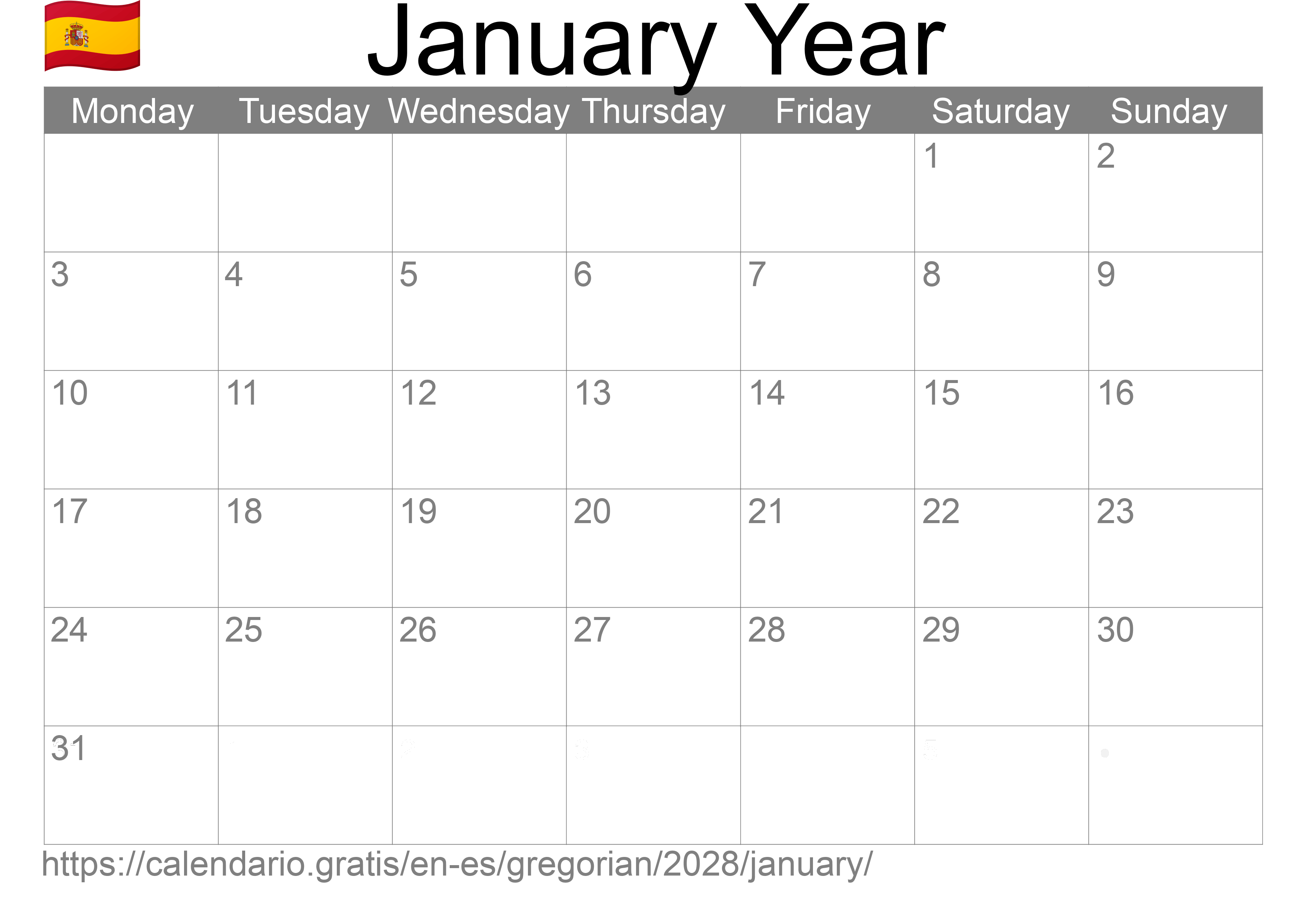 Calendar January 2028 to print