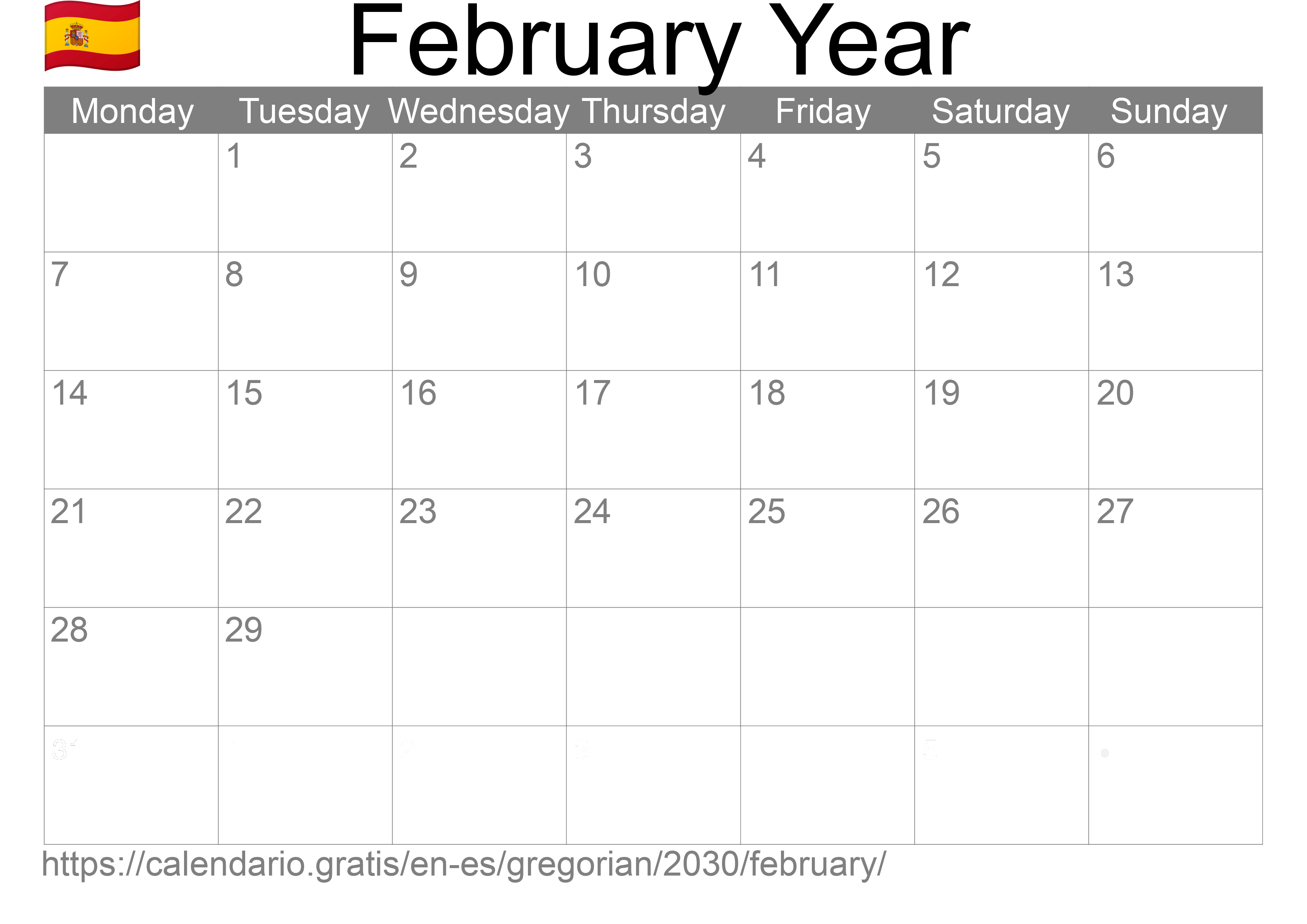 Calendar February 2030 to print