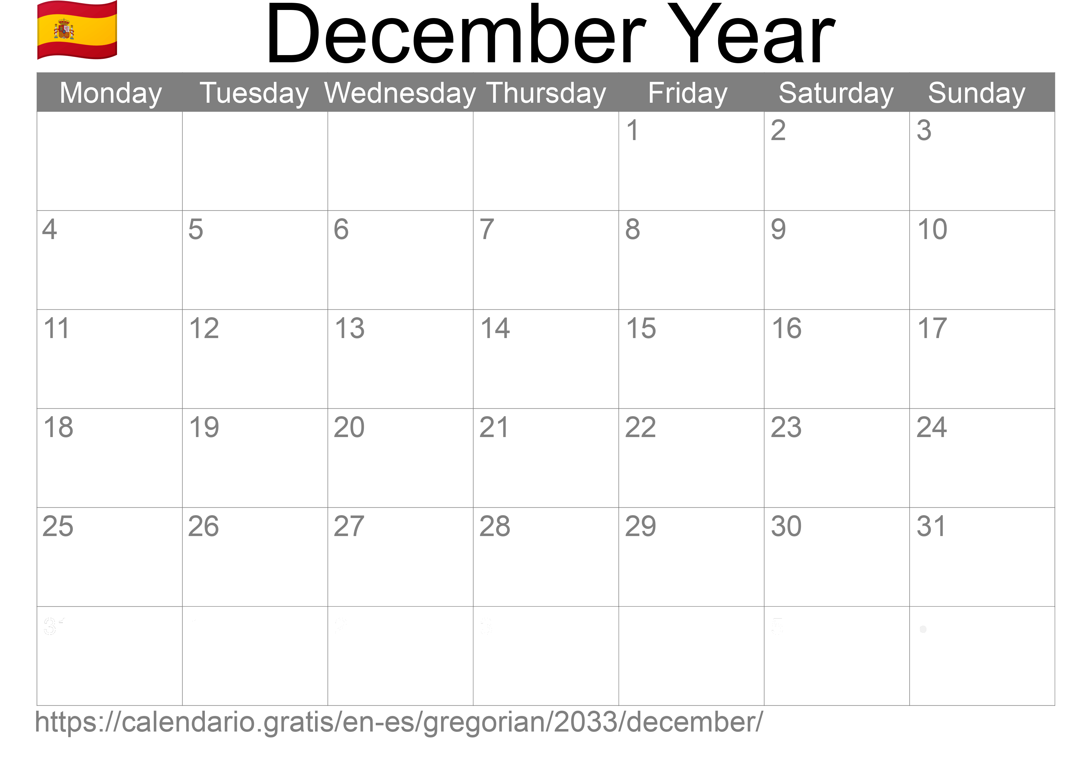 Calendar December 2033 to print