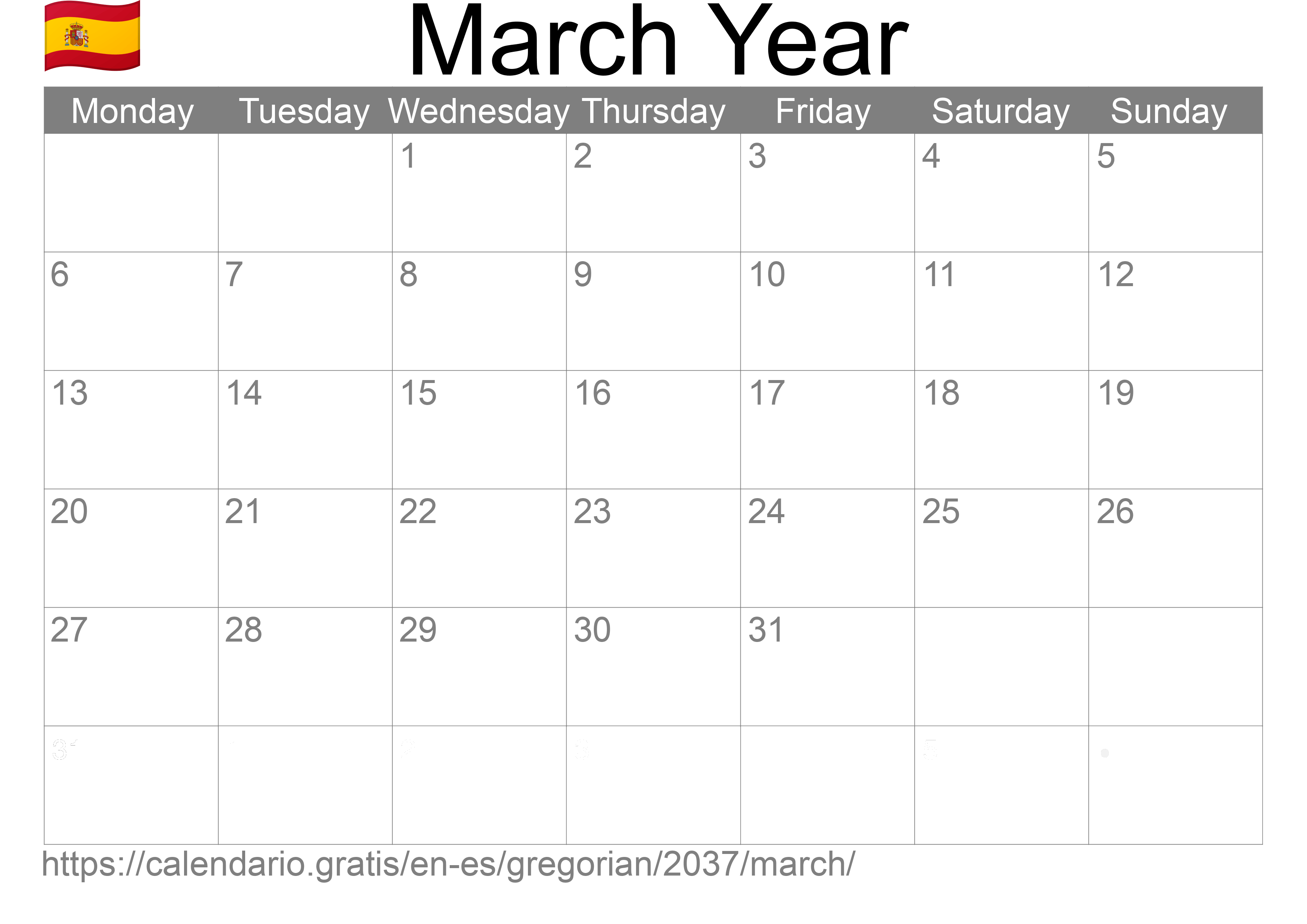 Calendar March 2037 to print