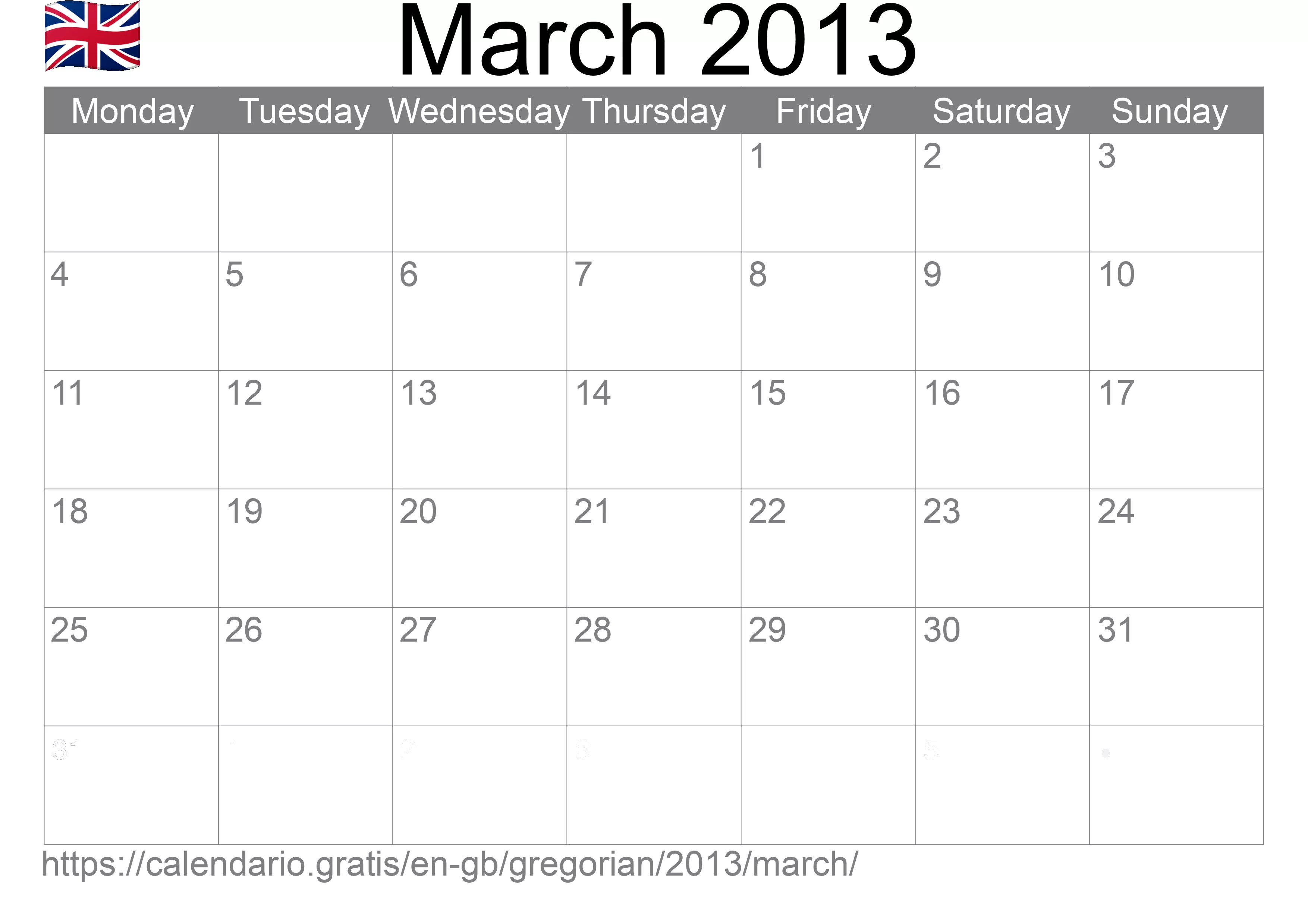 Calendar March 2013 to print (United Kingdom) Calendar March 2013 to print (United Kingdom)