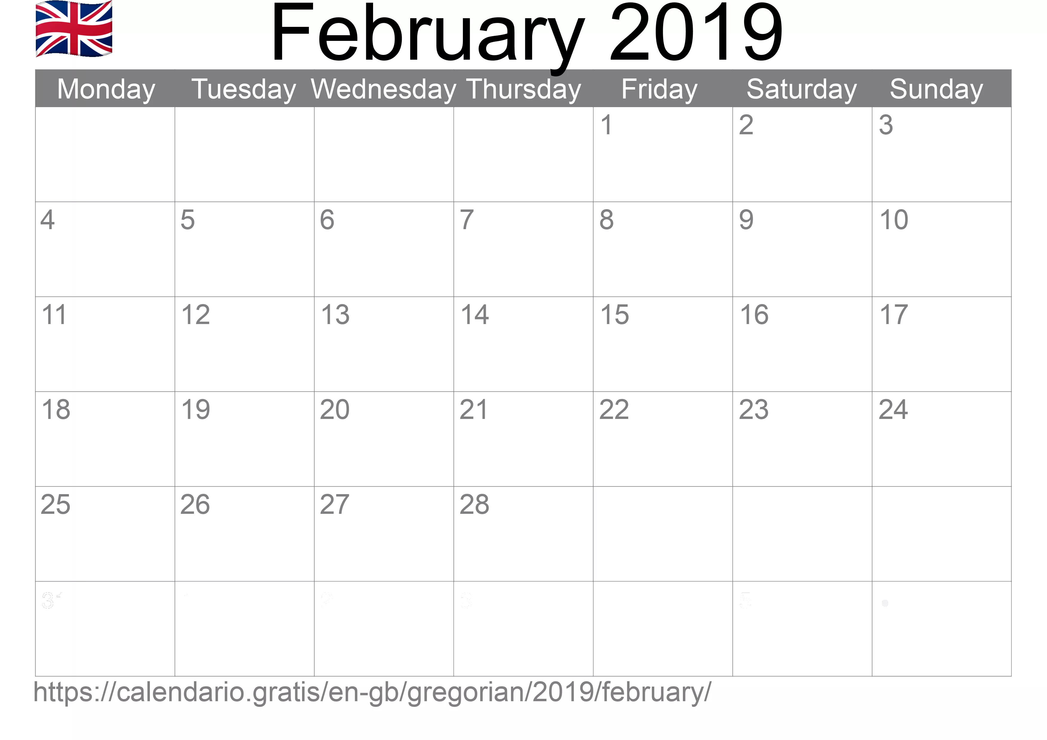 Calendar February 2019 to print (United Kingdom) Calendar February 2019 to print (United Kingdom)