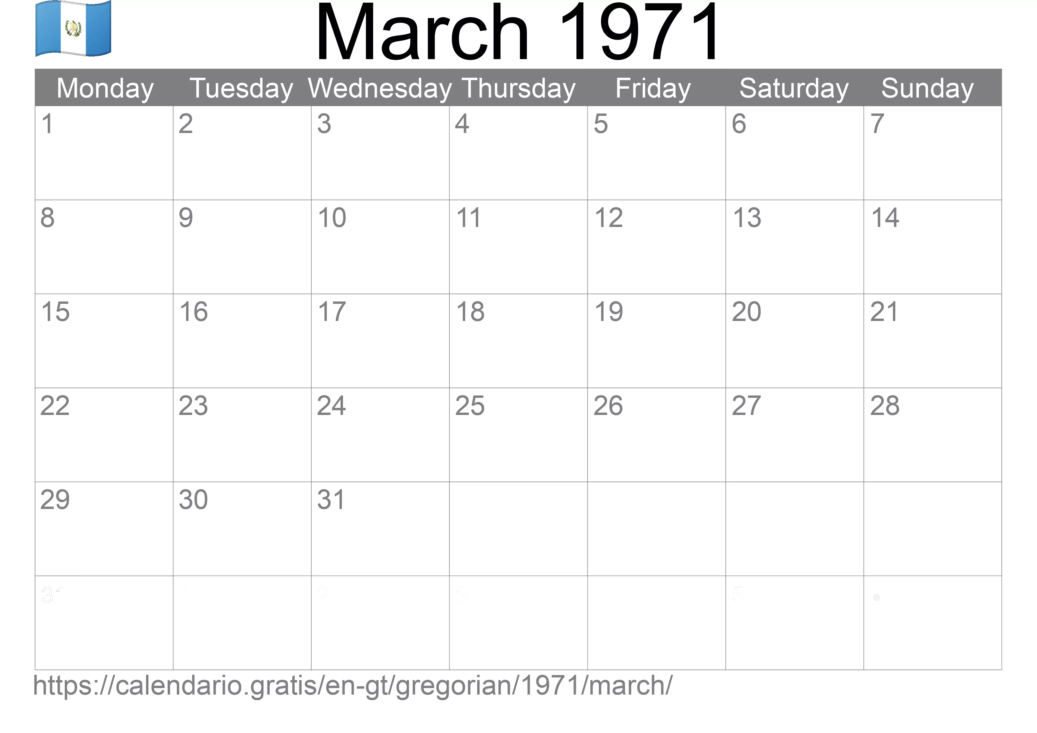 Calendar March 1971 to print (Guatemala) Calendar March 1971 to print (Guatemala)