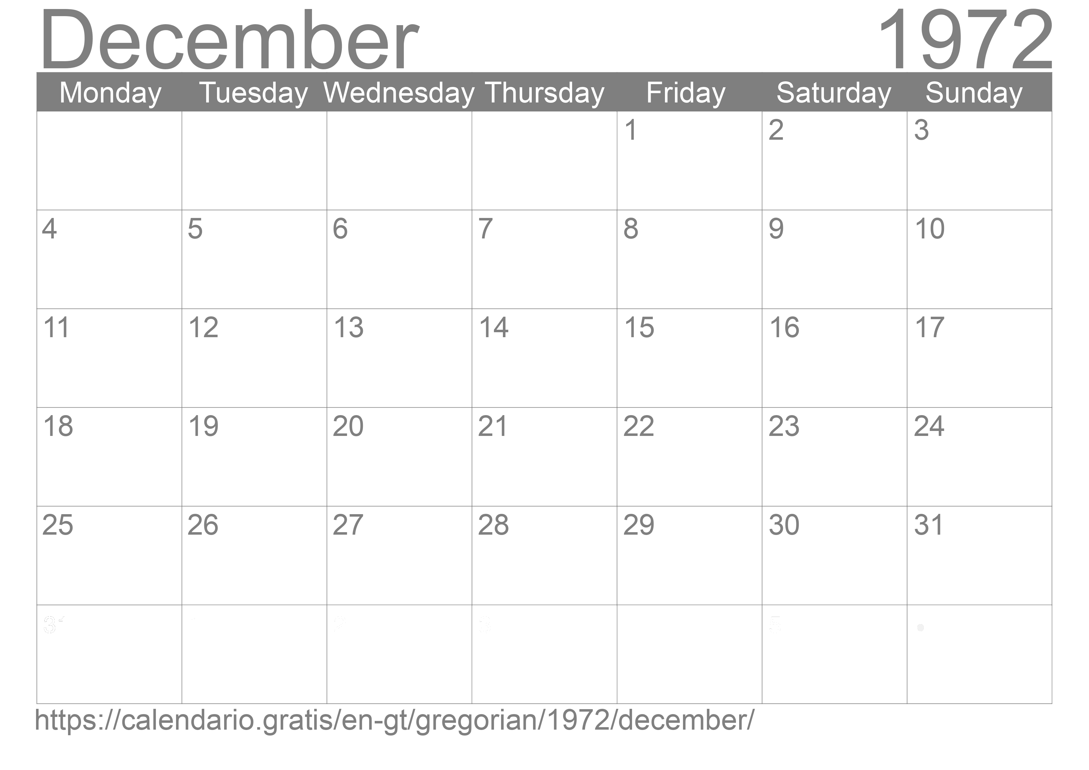 Calendar December 1972 to print