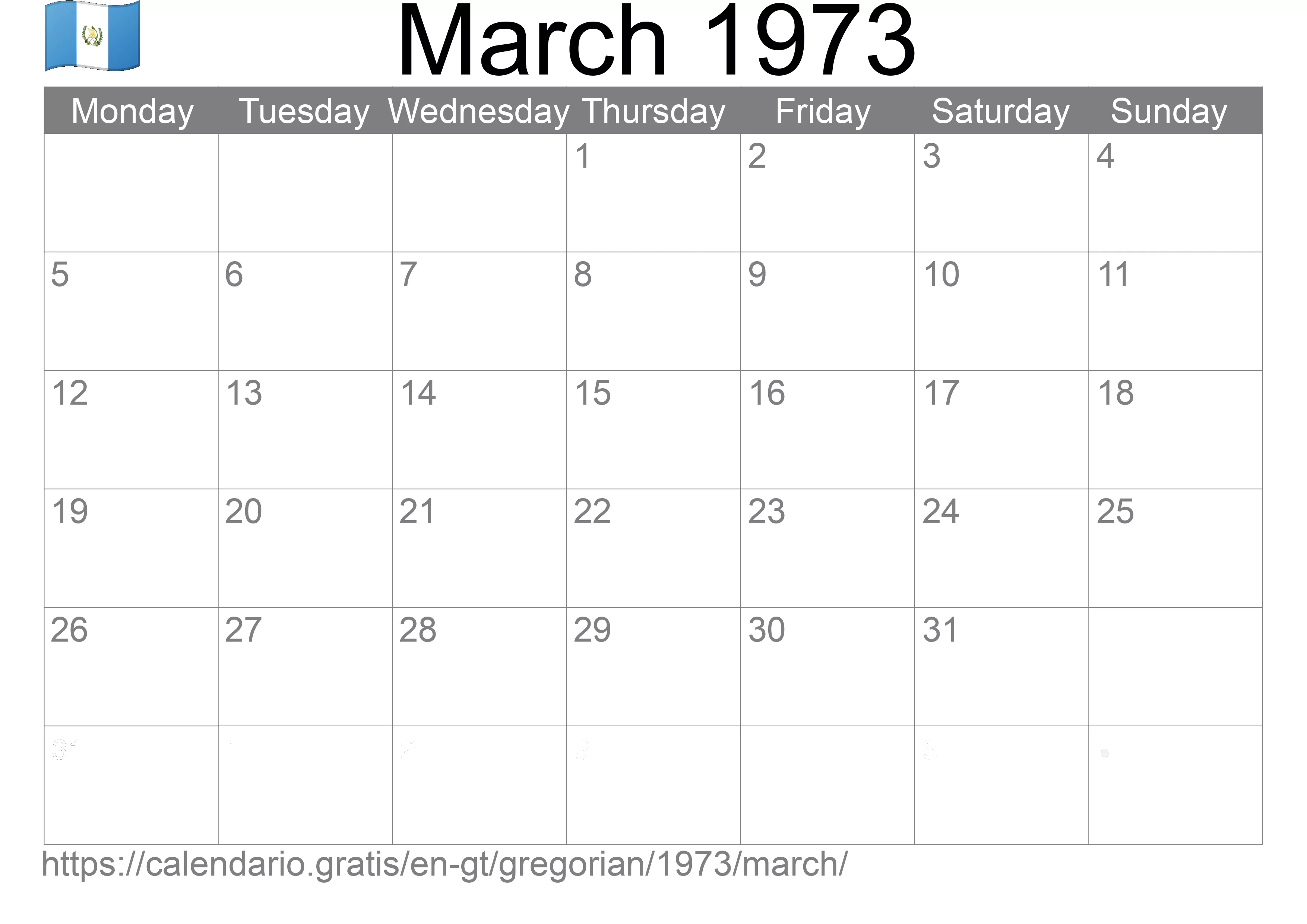 Calendar March 1973 to print (Guatemala) Calendar March 1973 to print (Guatemala)