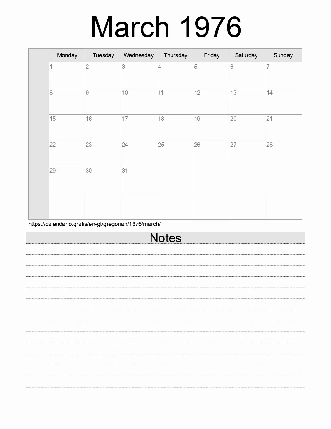 Calendar for printing with notes for 1976 March . (Guatemala) Calendar for printing with notes for 1976 March . (Guatemala)