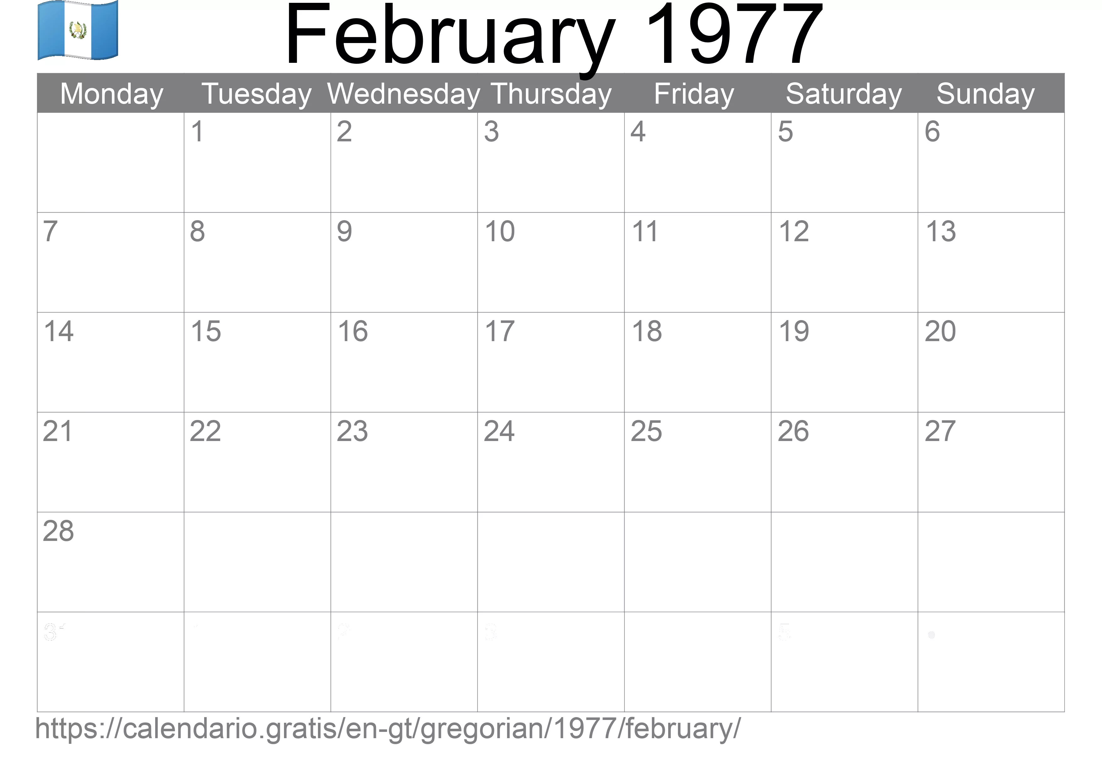 Calendar February 1977 to print (Guatemala) Calendar February 1977 to print (Guatemala)