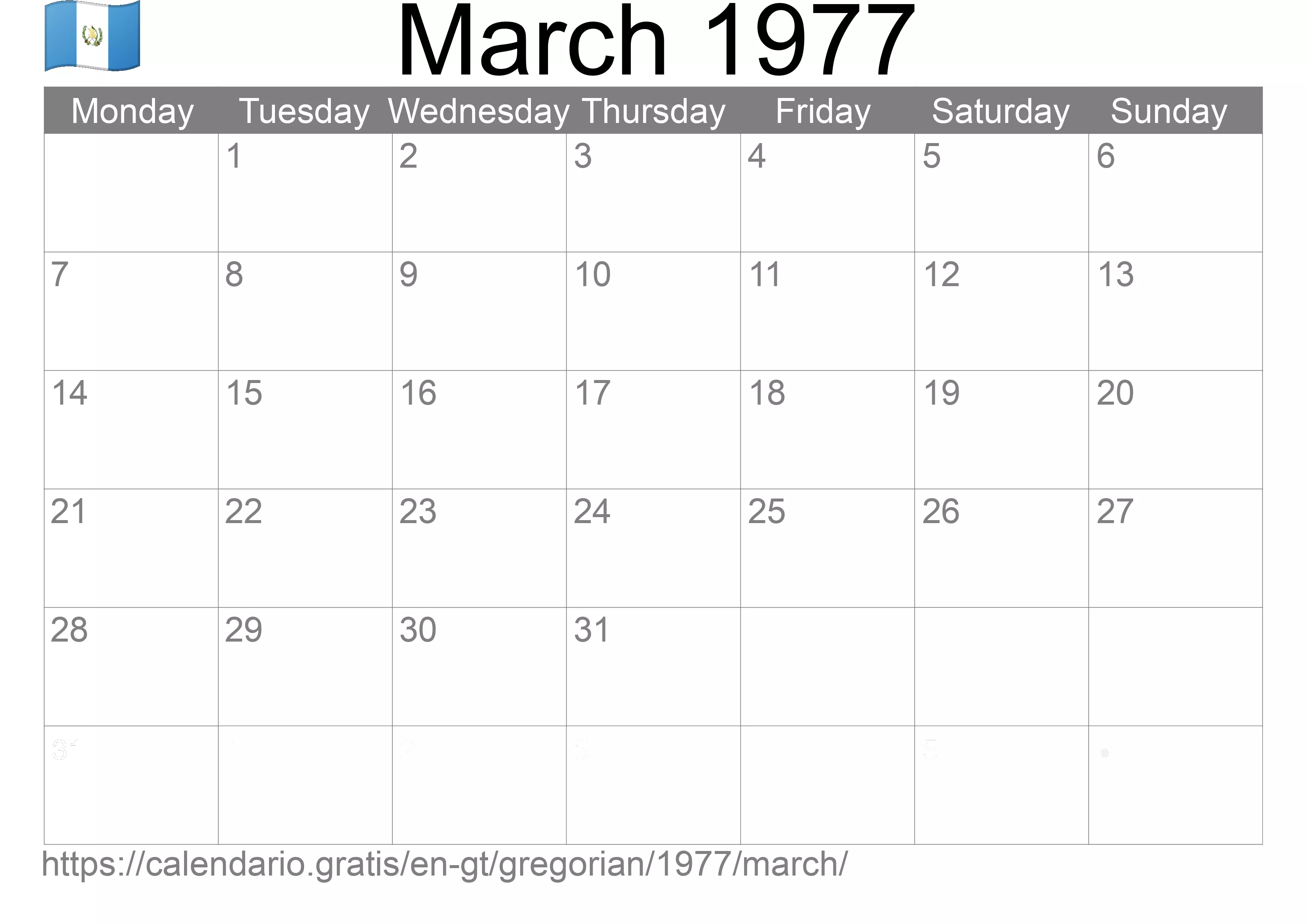 Calendar March 1977 to print (Guatemala) Calendar March 1977 to print (Guatemala)