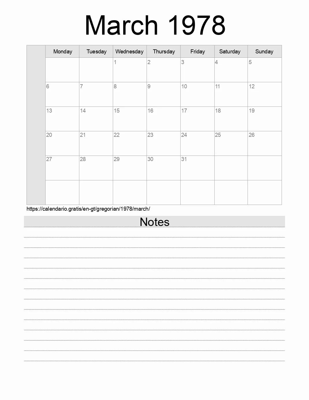 Calendar for printing with notes for 1978 March . (Guatemala) Calendar for printing with notes for 1978 March . (Guatemala)