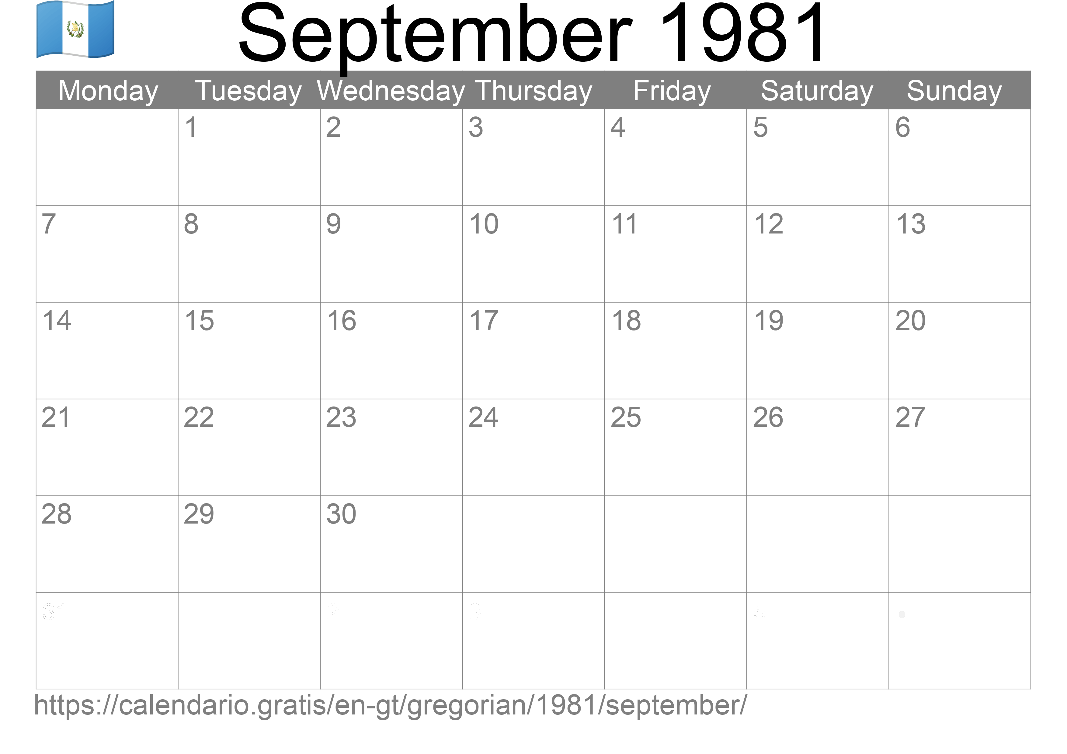 Calendar September 1981 to print