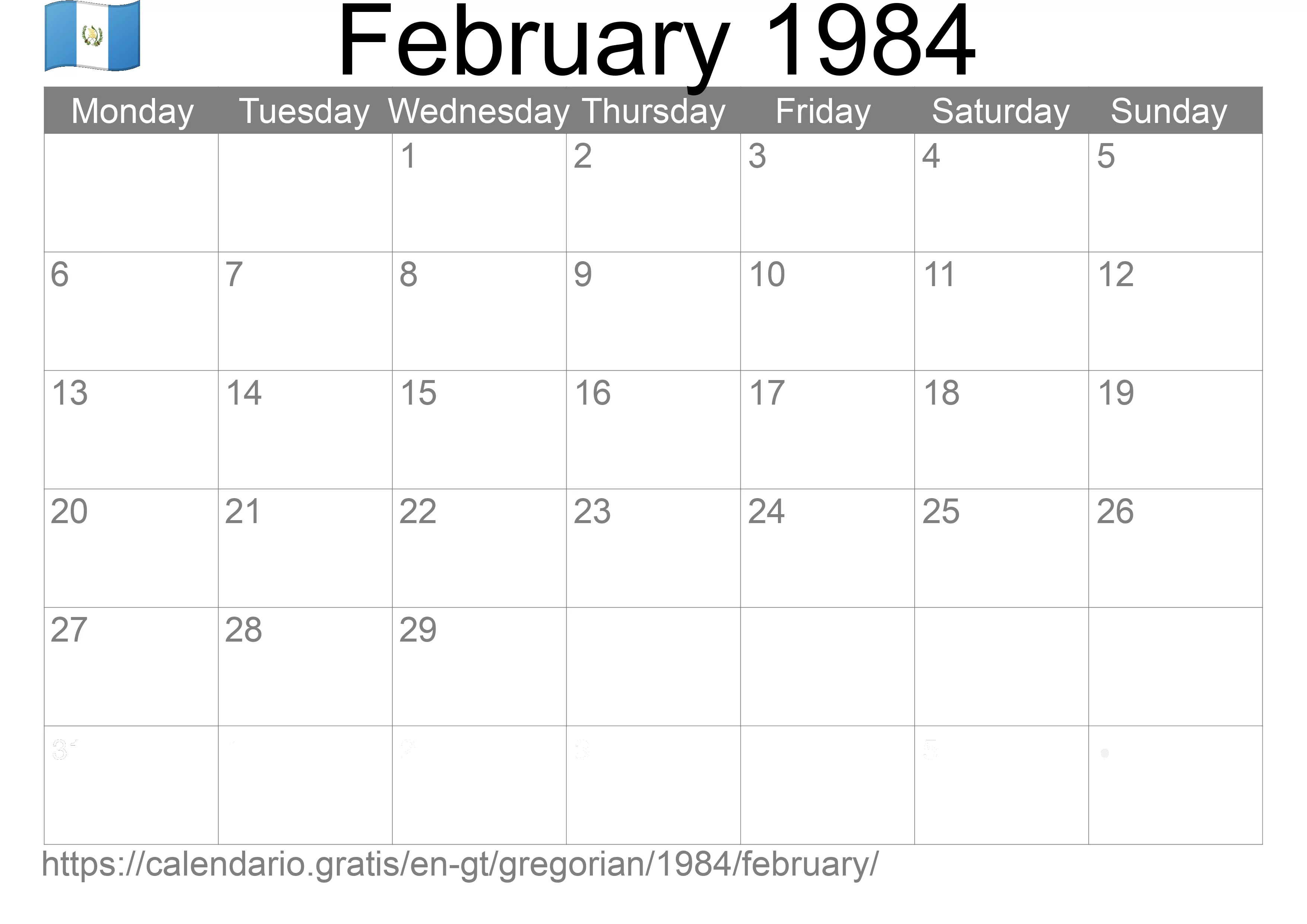 Calendar February 1984 to print (Guatemala) Calendar February 1984 to print (Guatemala)
